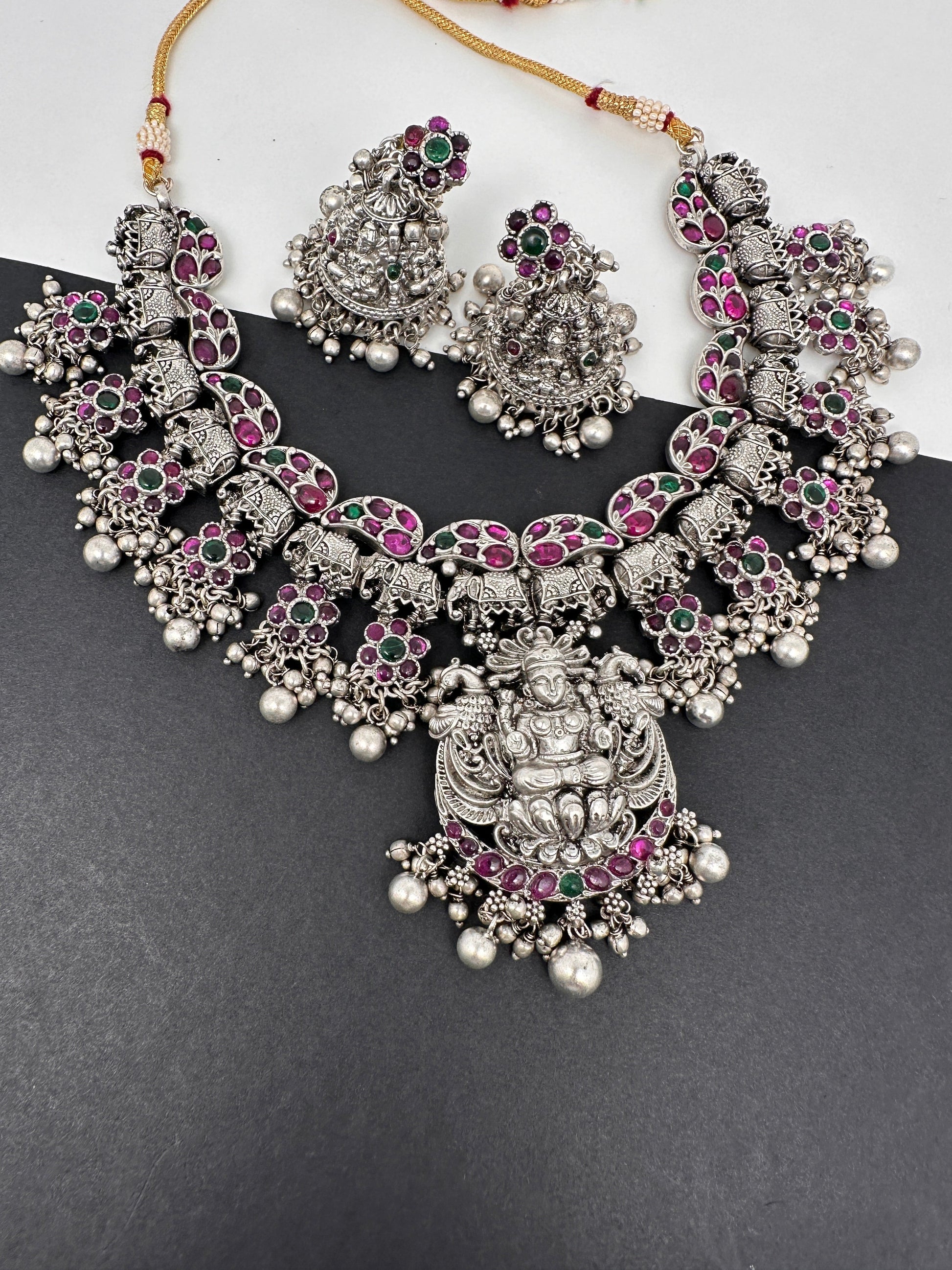 Goddess lakshmi Elephant Potta Stones Oxidized German Silver Necklace