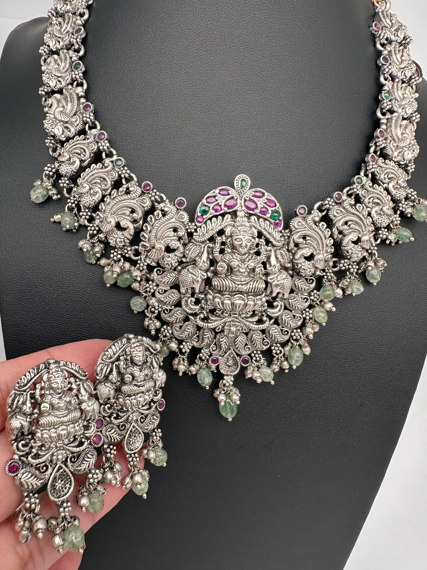 Goddess lakshmi Peacock Potta Stones Oxidized German Silver Necklace
