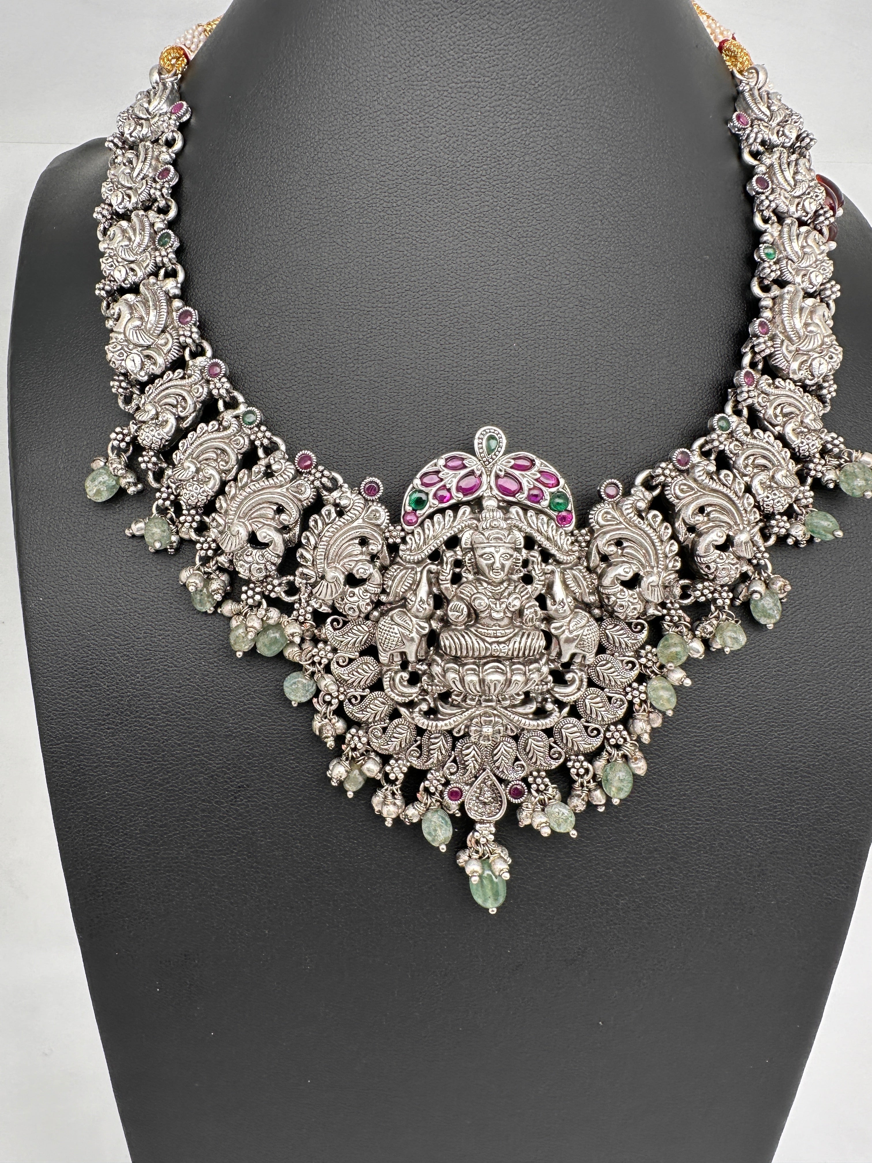 Goddess Lakshmi Peacock Potta Stones Oxidized German Silver Necklace