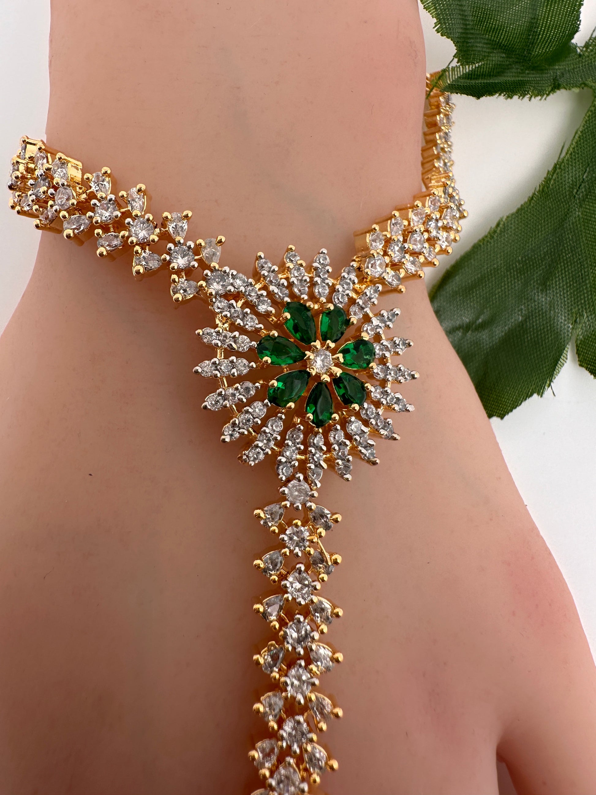 AD Color Stone Haath Phool - Green