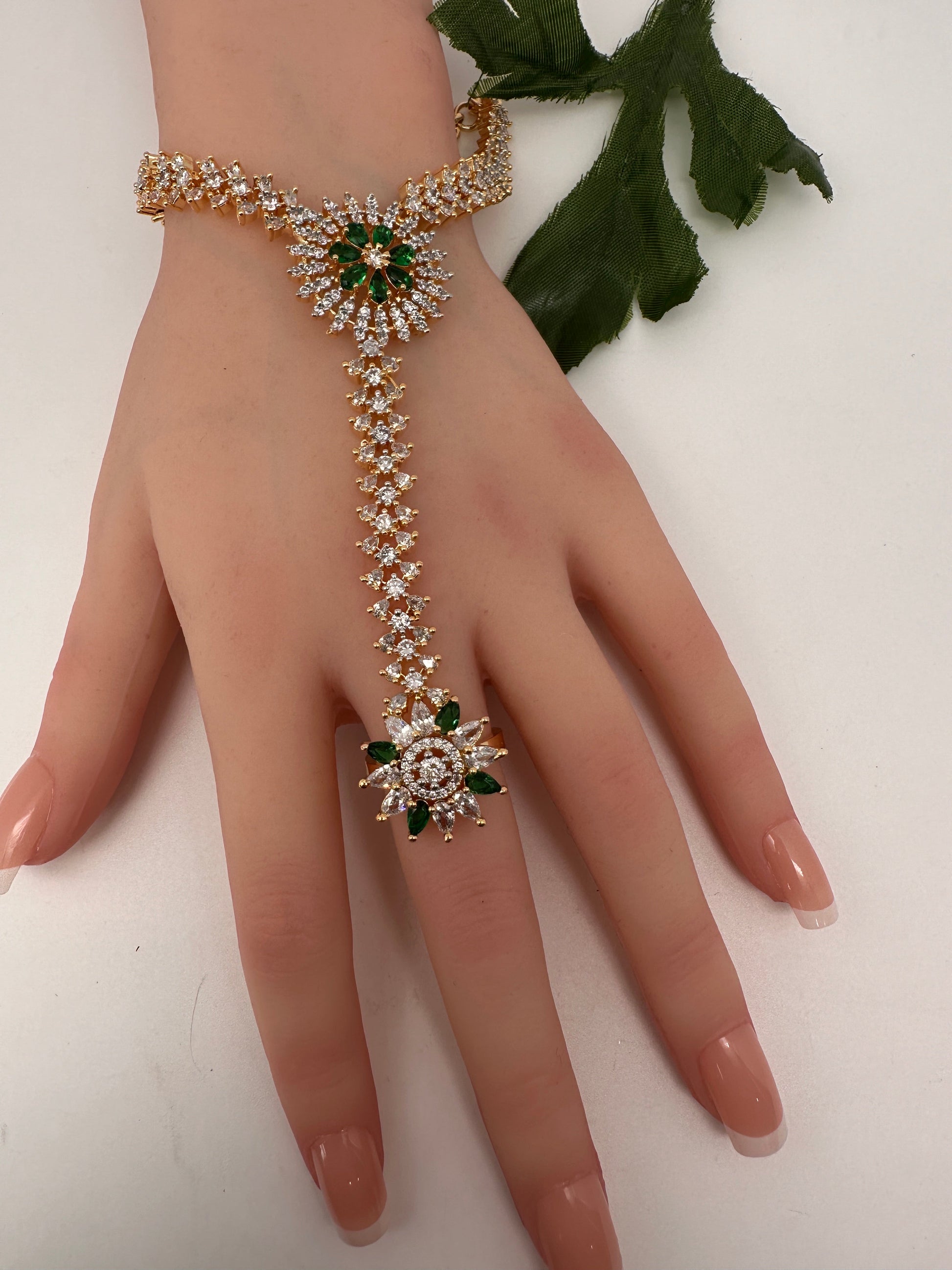 AD Color Stone Haath Phool - Green