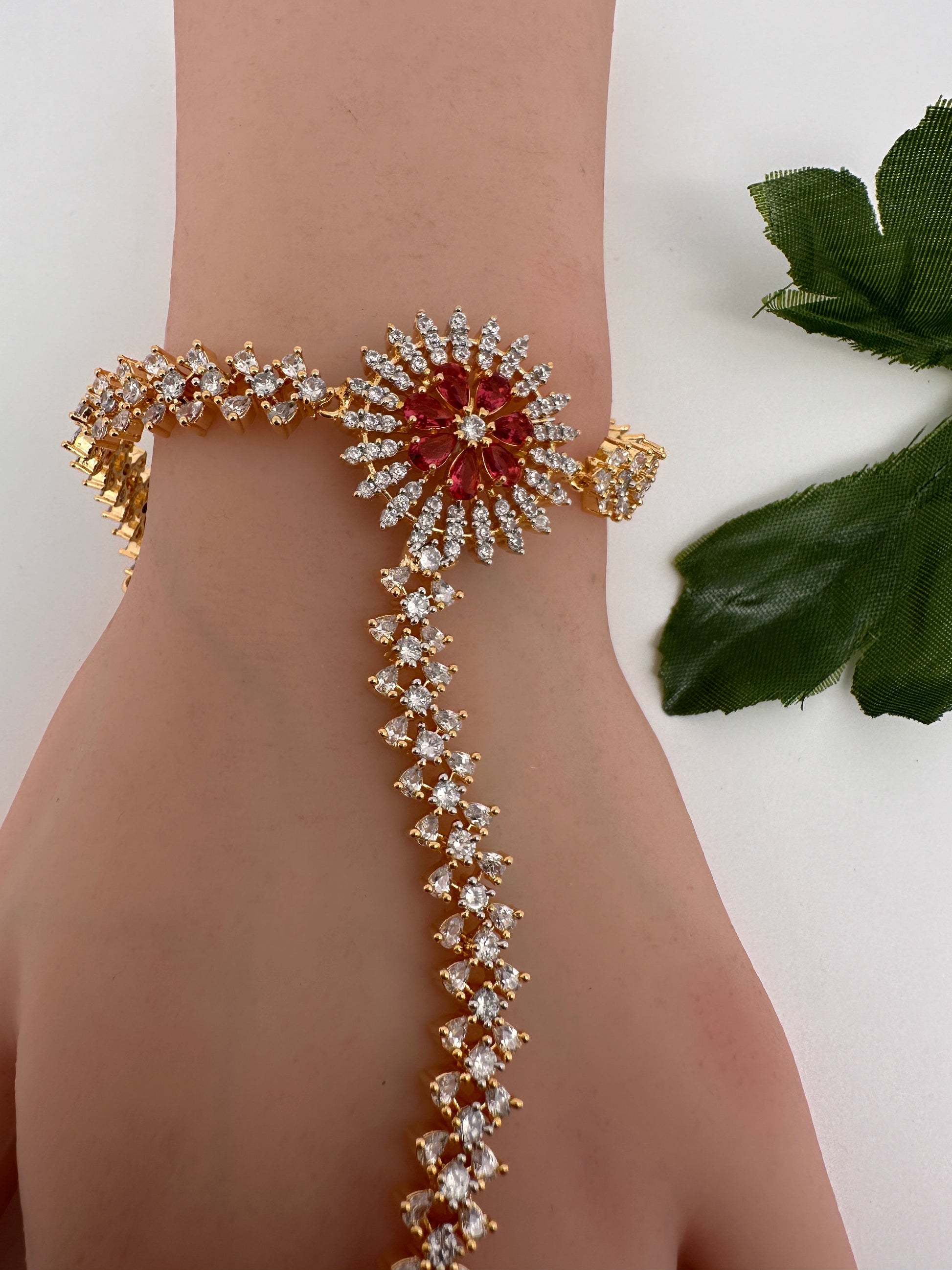 AD Color Stone Haath Phool - Red