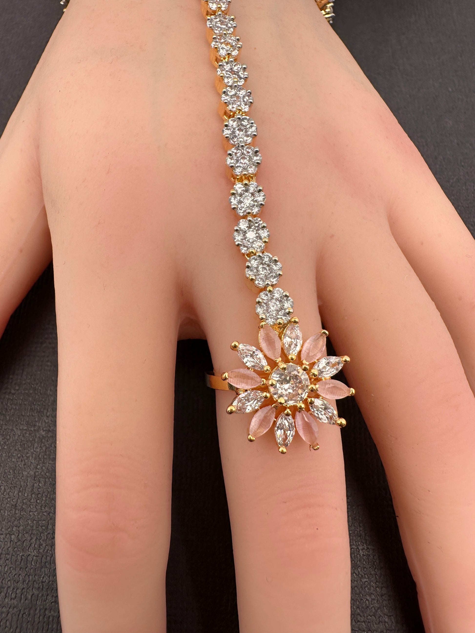 AD Color Stone Haath Phool Panja - Pink