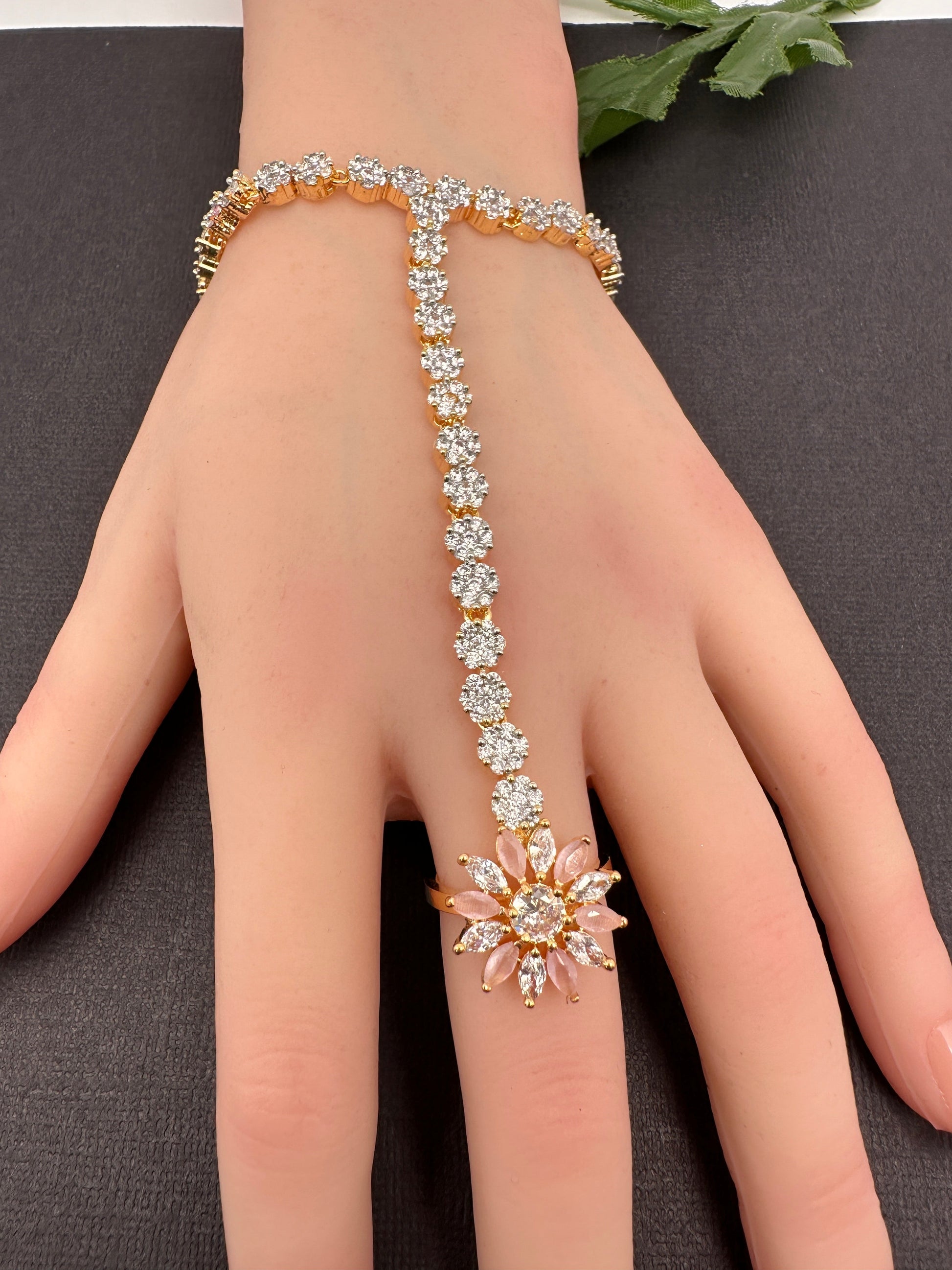 AD Color Stone Haath Phool Panja - Pink