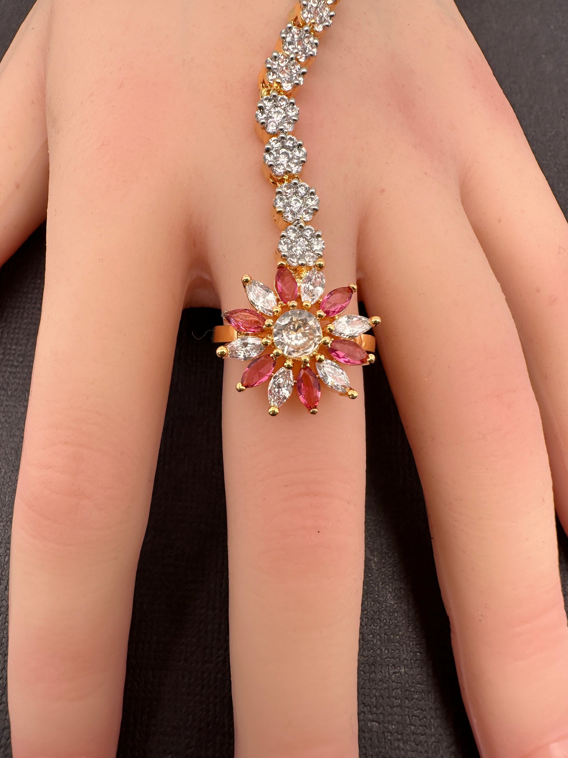 AD Color Stone Haath Phool Panja - Red