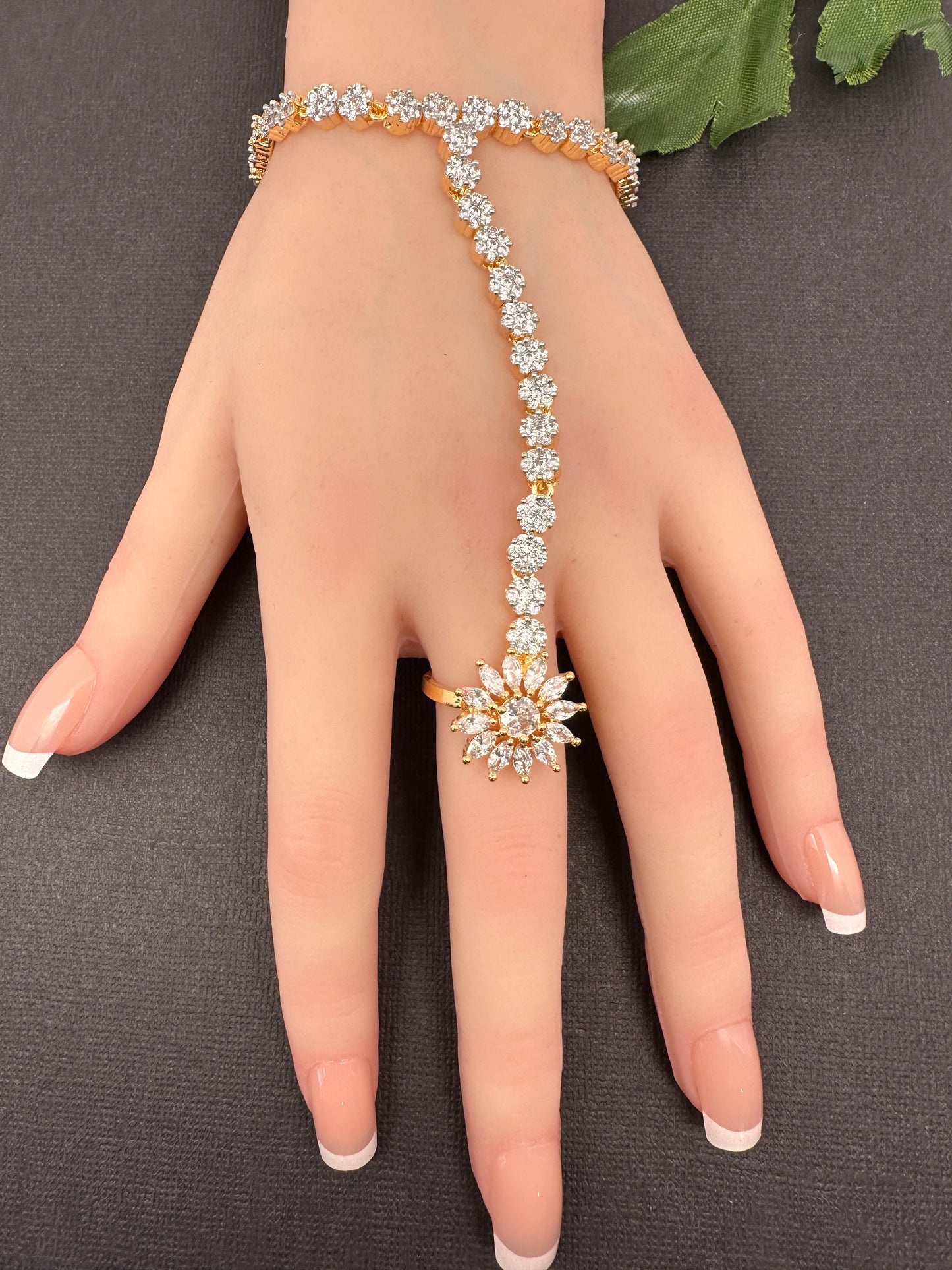 AD Color Stone Haath Phool Panja - White