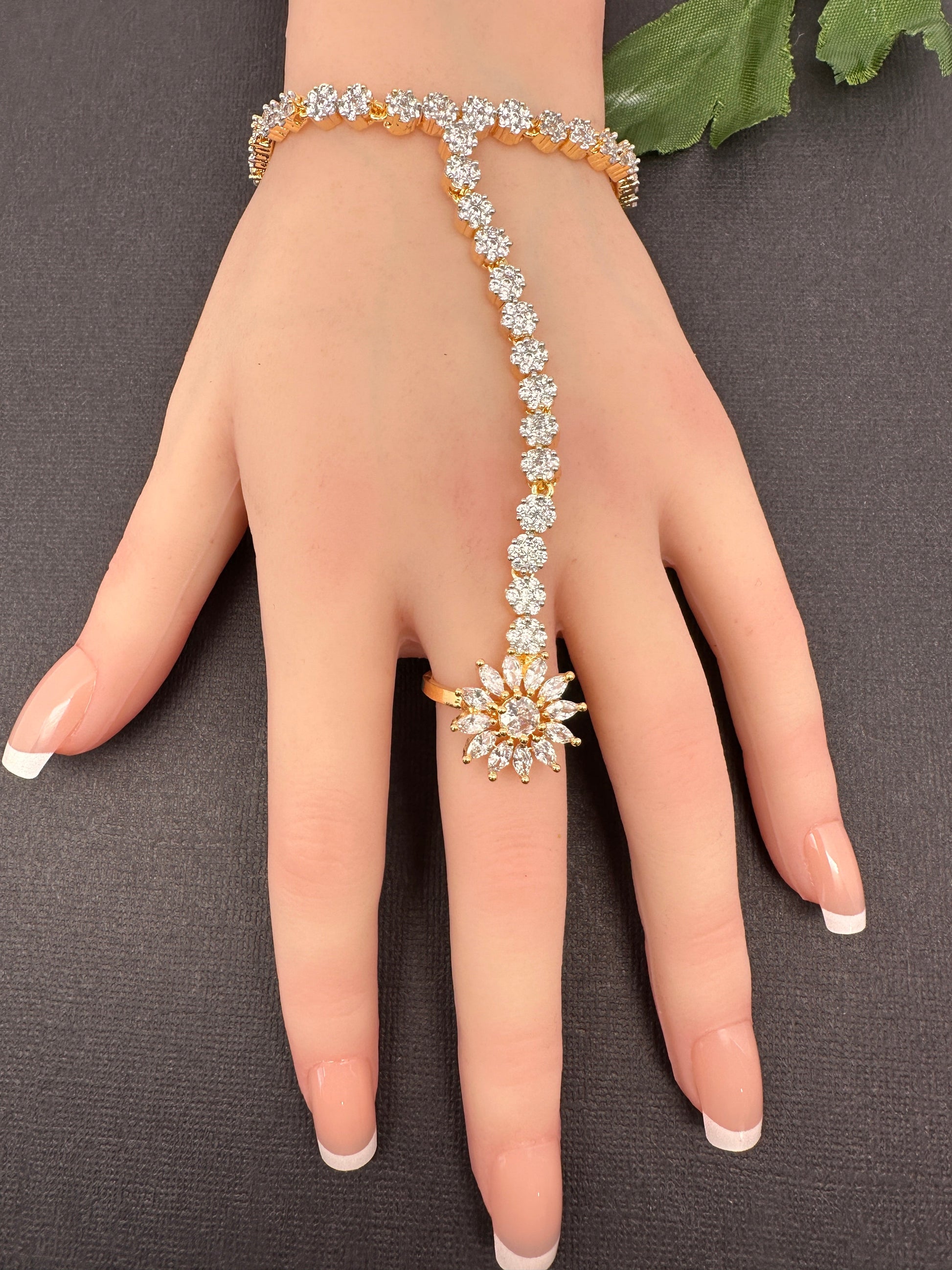 AD Color Stone Haath Phool Panja - White