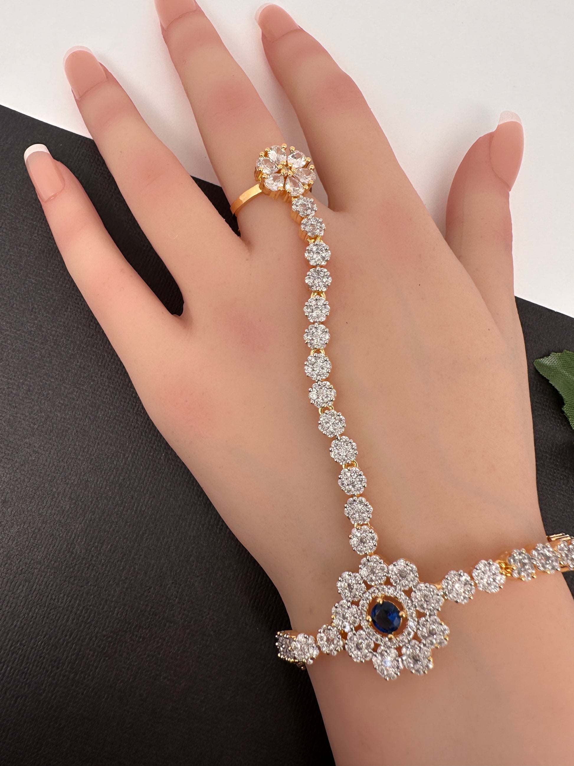 AD Color Stone Haath Phool Panja - Blue