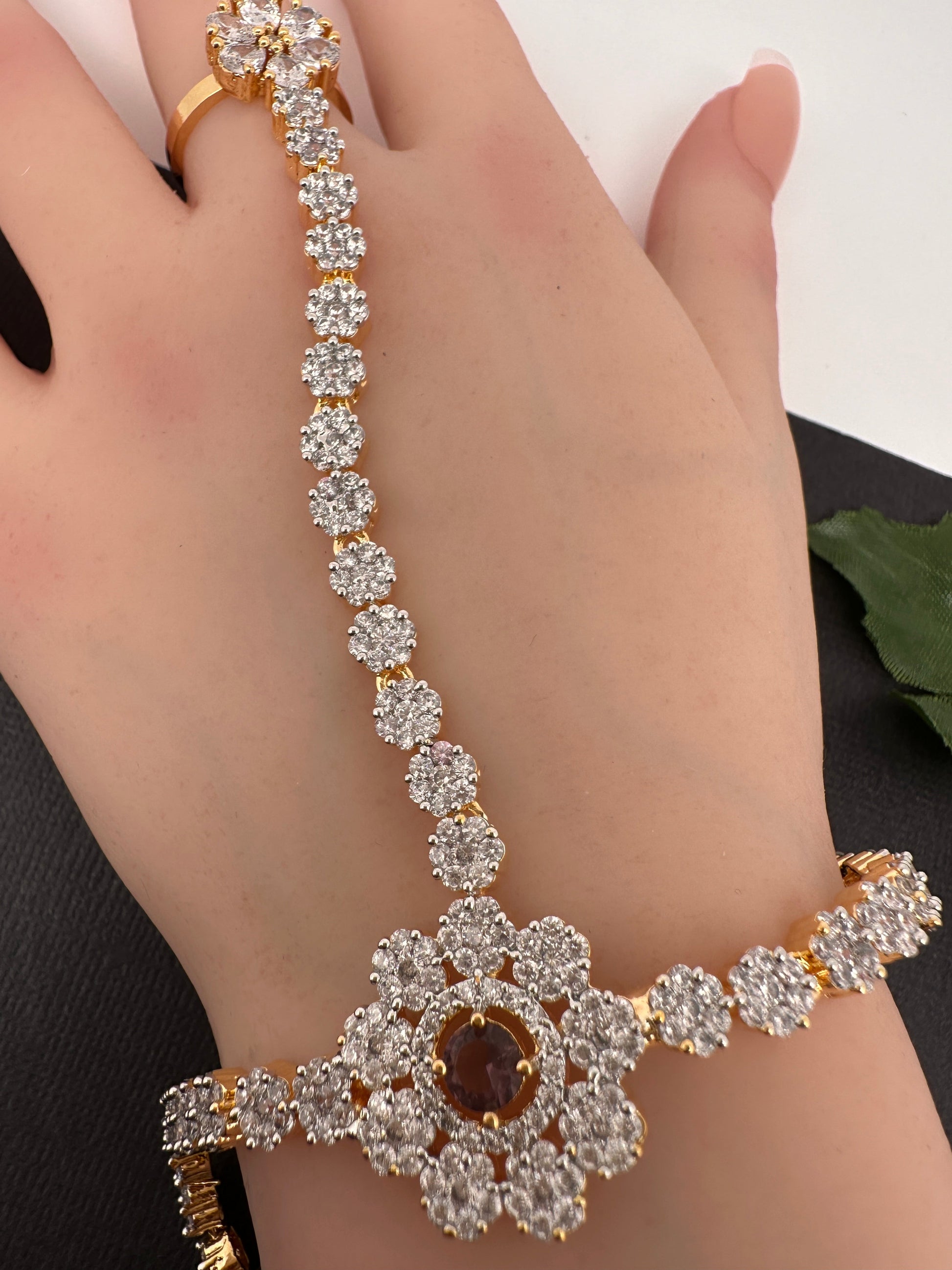 AD Color Stone Haath Phool Panja - Purple