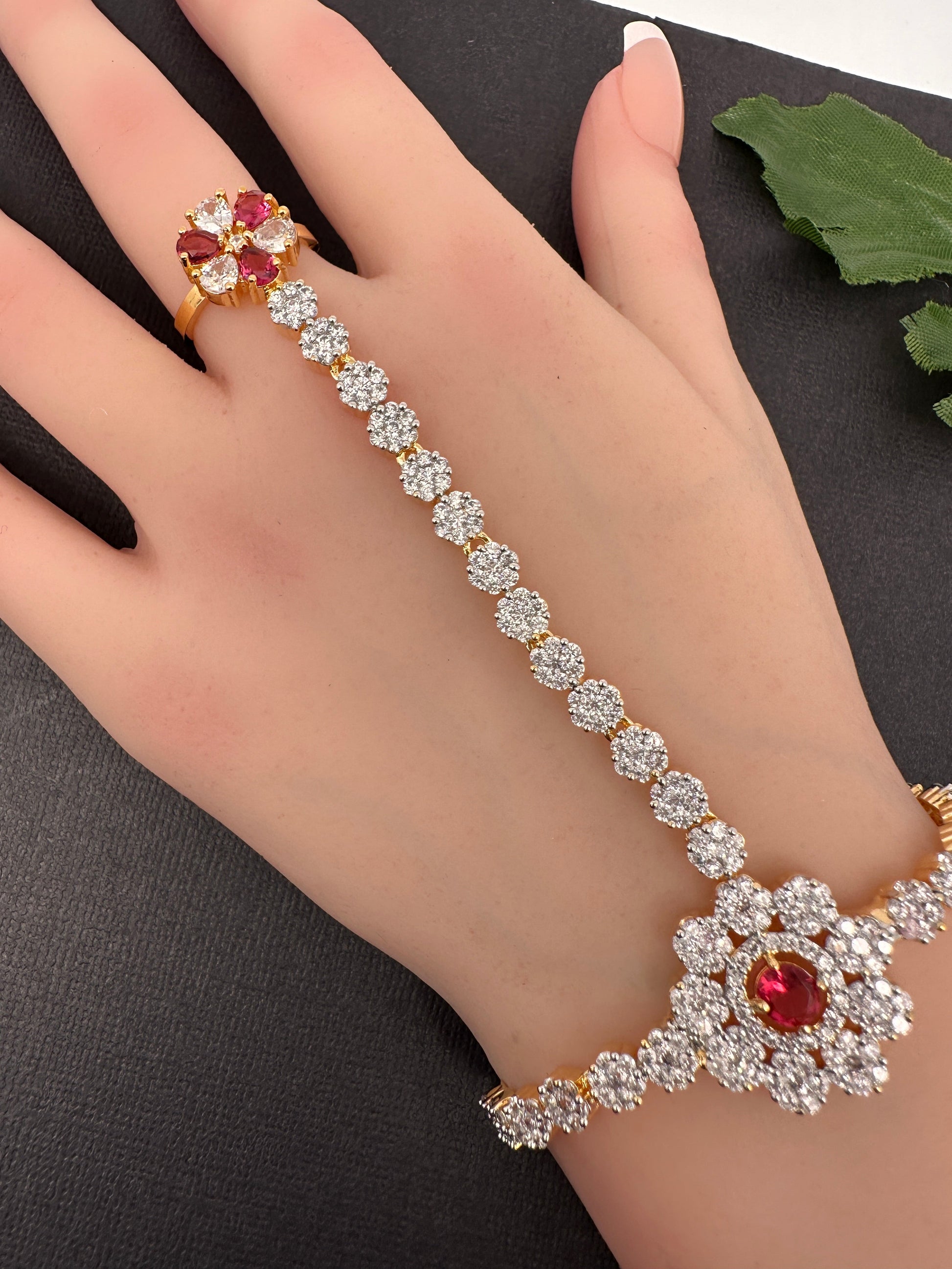 AD Color Stone Haath Phool Panja - Red