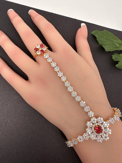 AD Color Stone Haath Phool Panja - Red