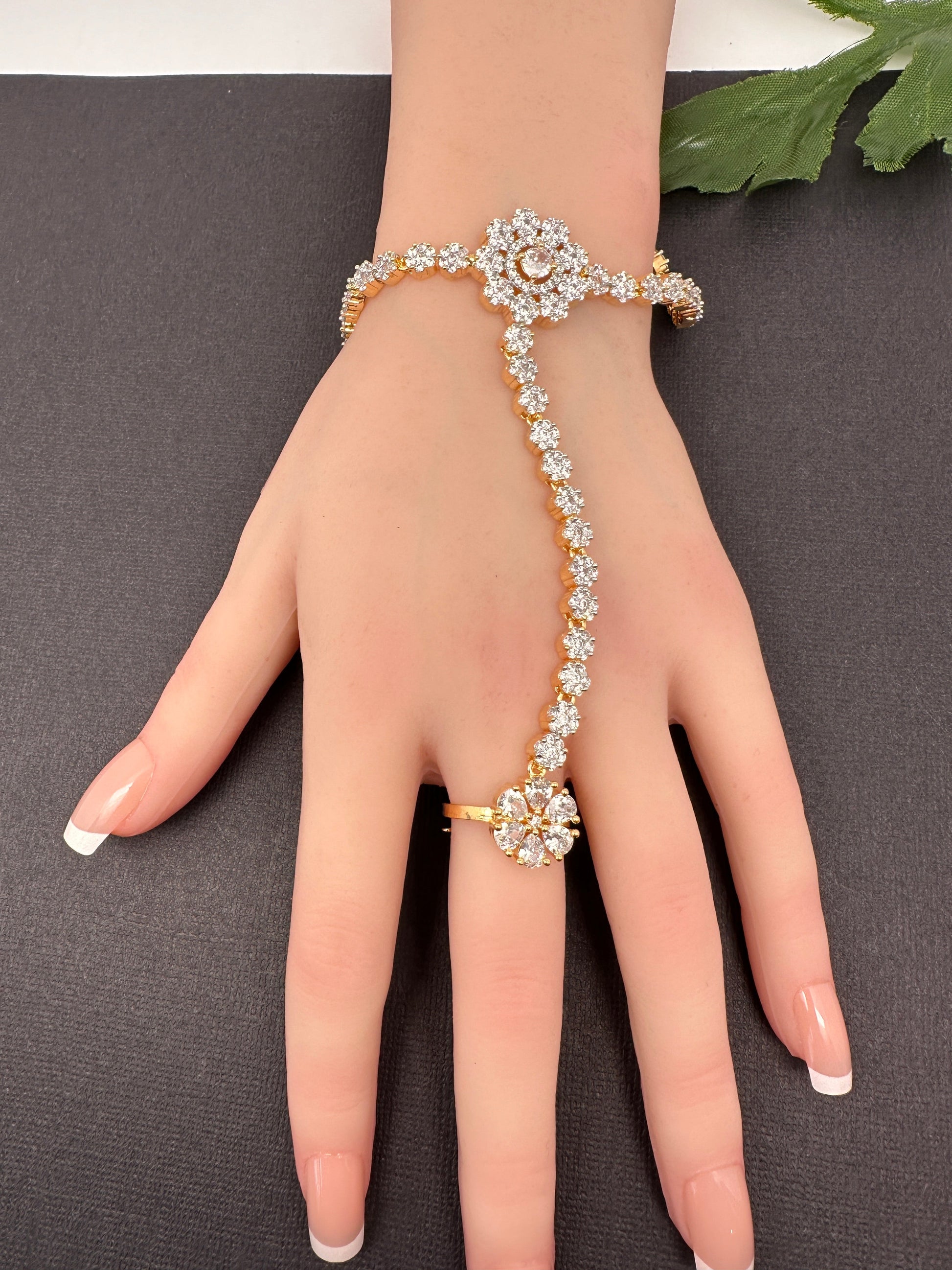 AD Color Stone Haath Phool Panja - White