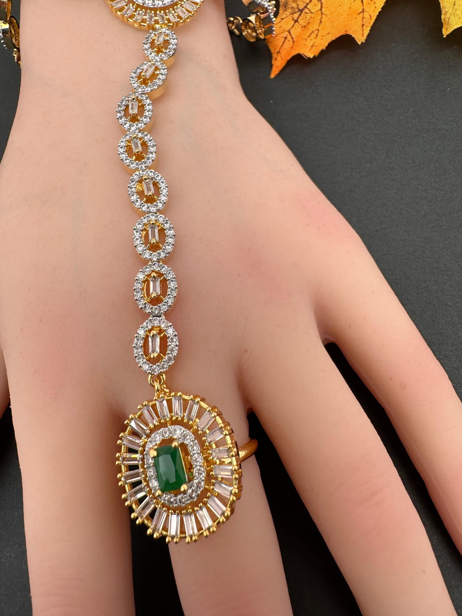 AD Color Stone Haath Phool Panja - Green