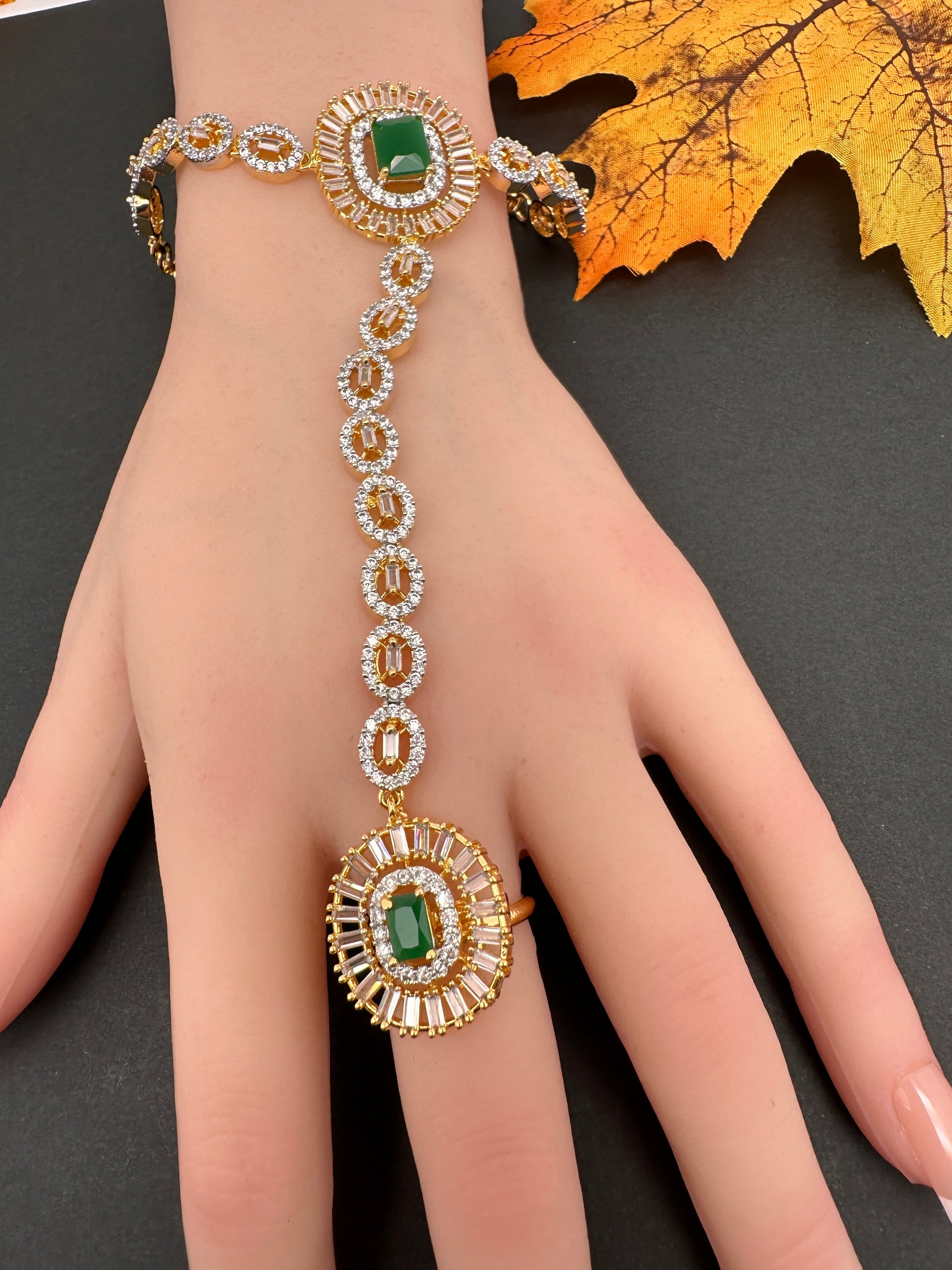 AD Color Stone Haath Phool Panja - Green