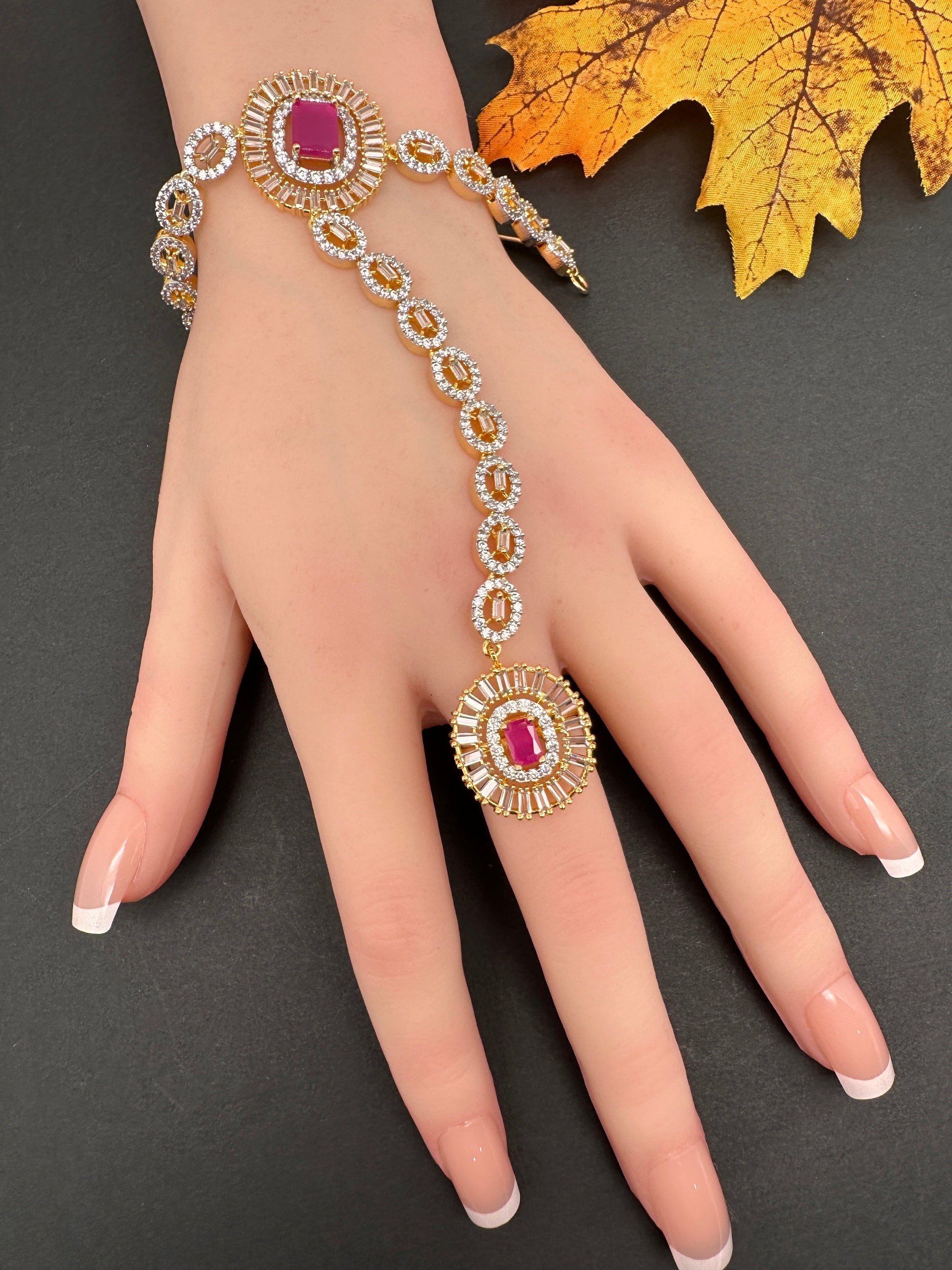 AD Color Stone Haath Phool Panja - Red