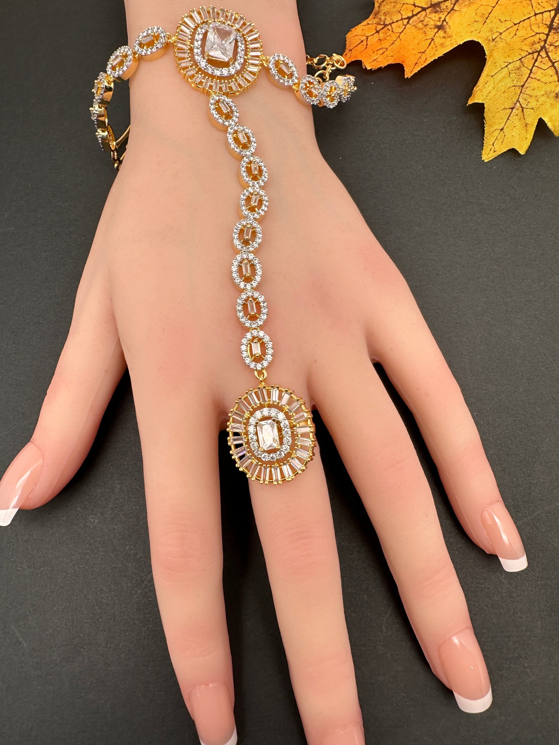 AD Color Stone Haath Phool Panja - White