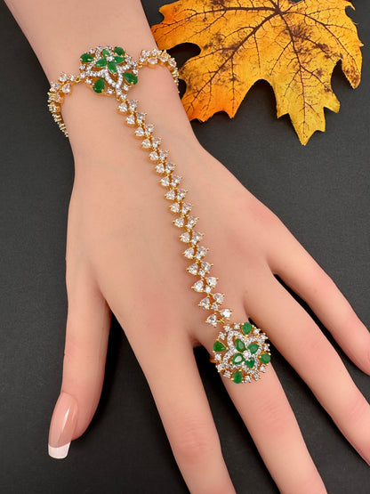 AD Color Stone Haath Phool Panja - Green