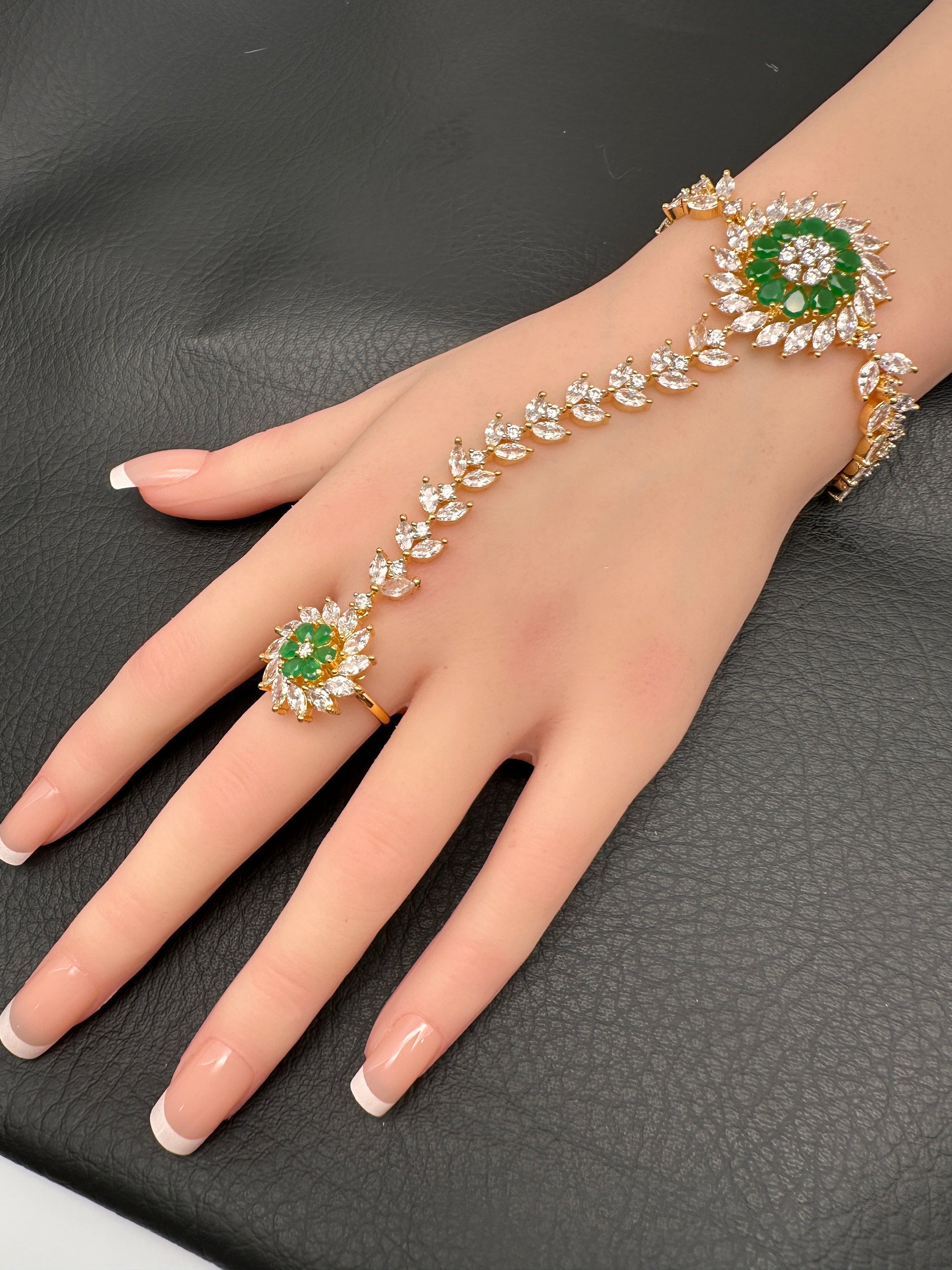 AD Color Stone Haath Phool Panja - Green
