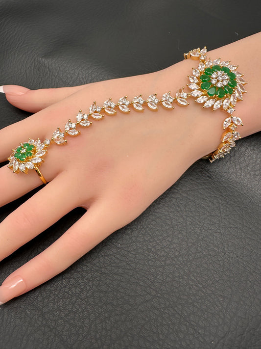 AD Color Stone Haath Phool Panja - Green