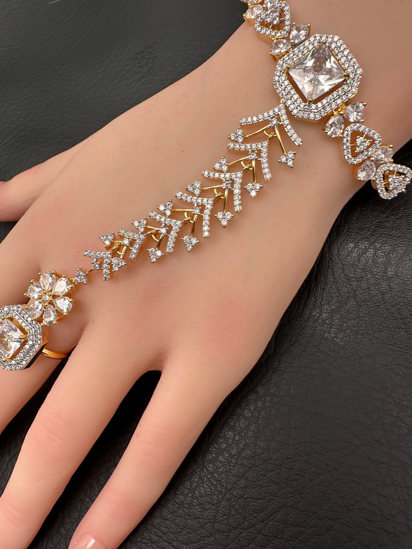 AD Color Stone Haath Phool Panja - Clear