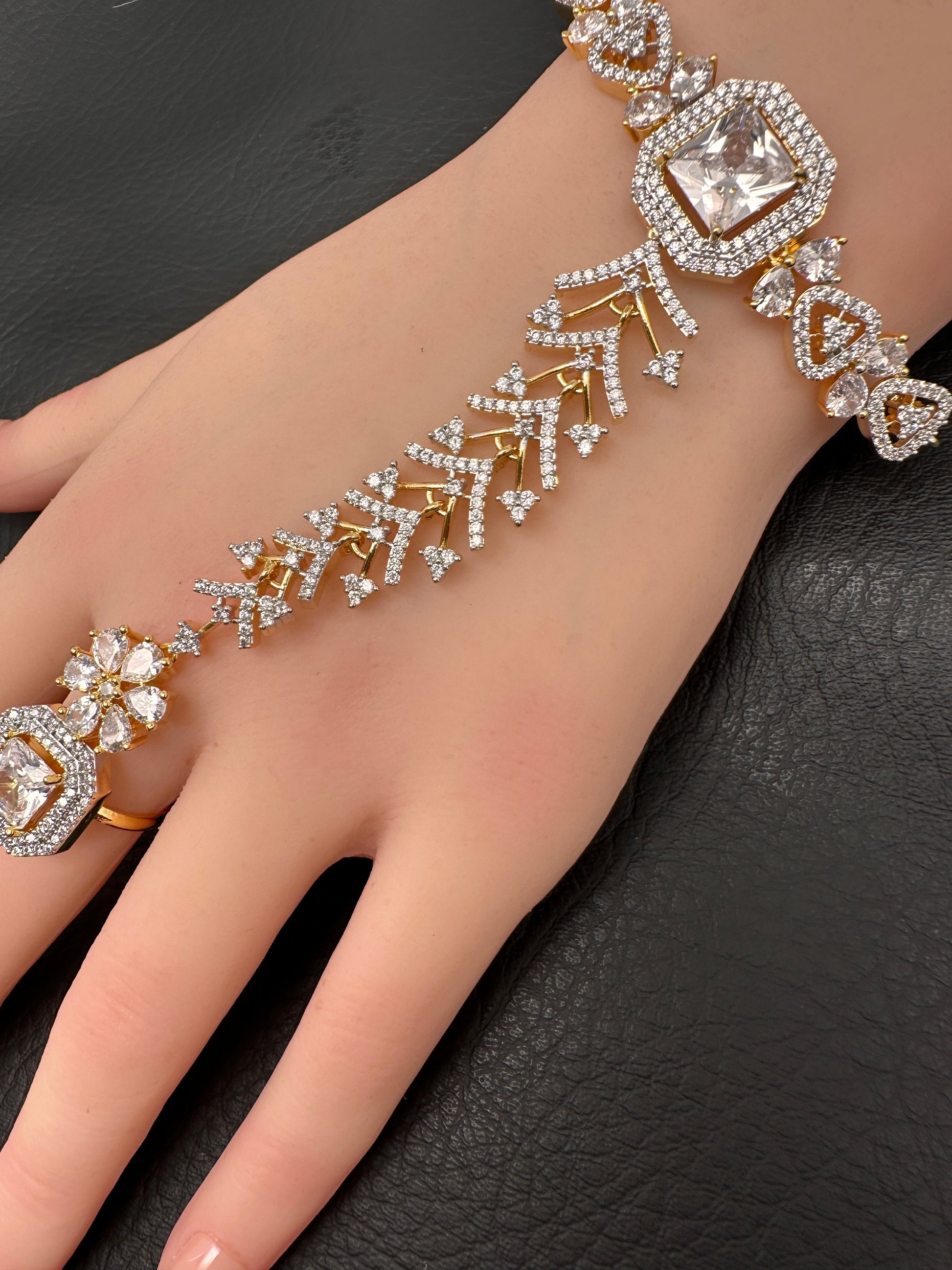 AD Color Stone Haath Phool Panja - Clear