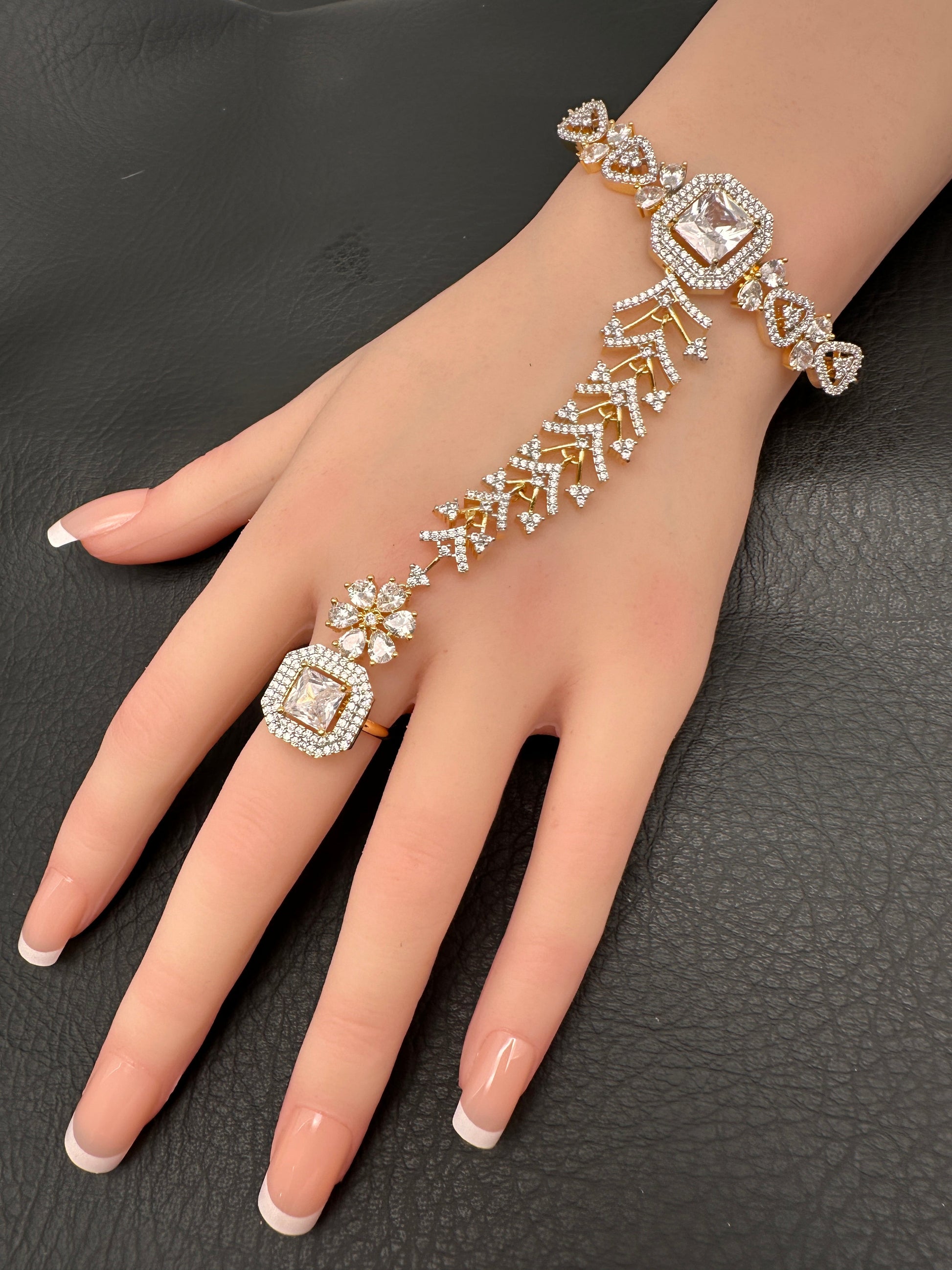 AD Color Stone Haath Phool Panja - Clear