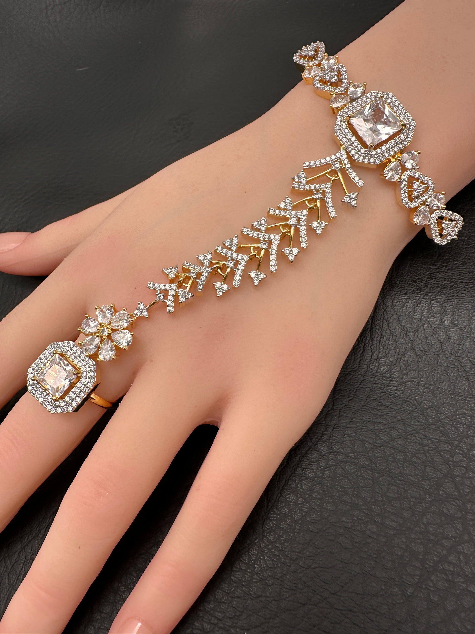 AD Color Stone Haath Phool Panja - Clear