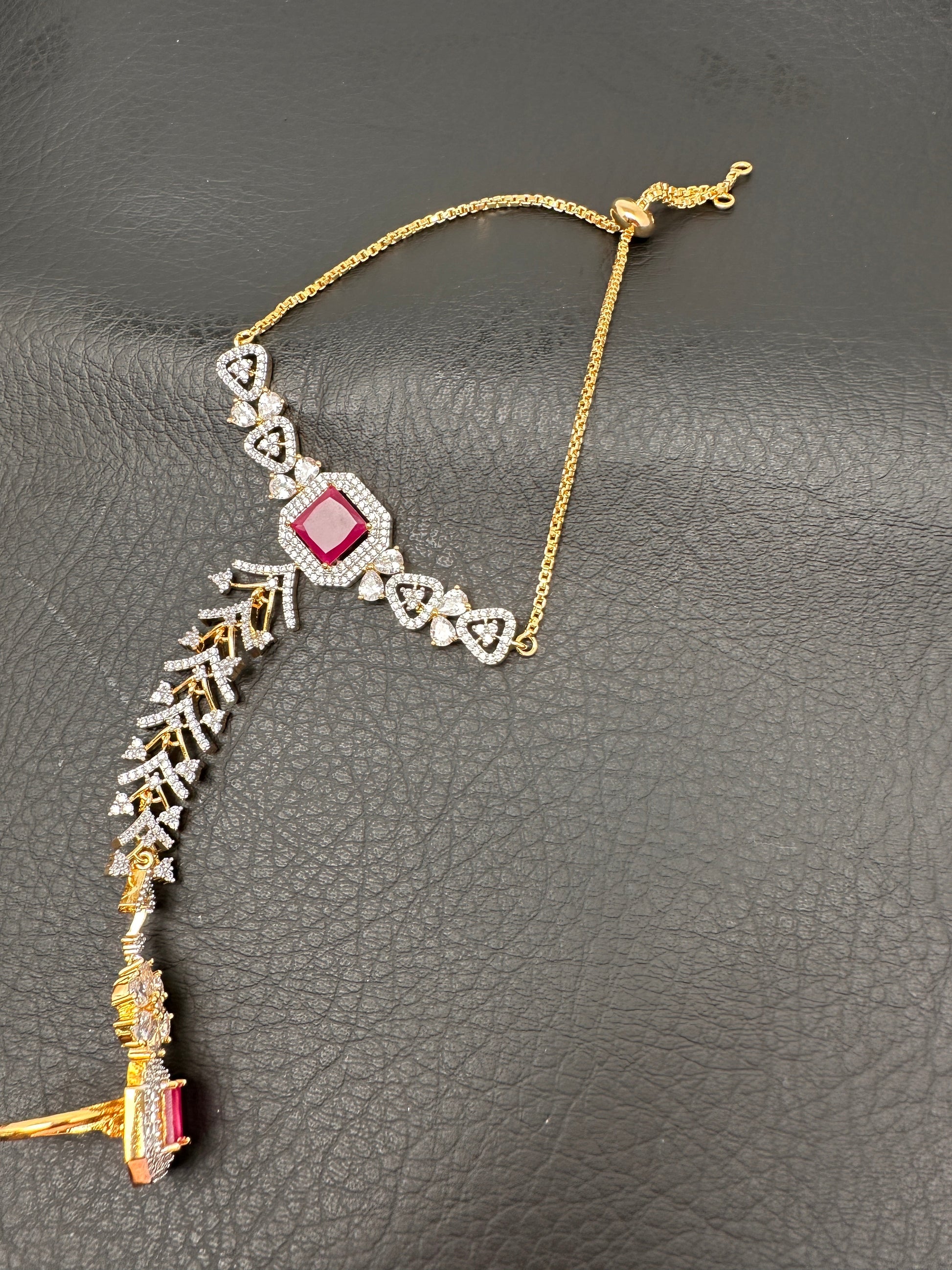 AD Color Stone Haath Phool Panja - Red