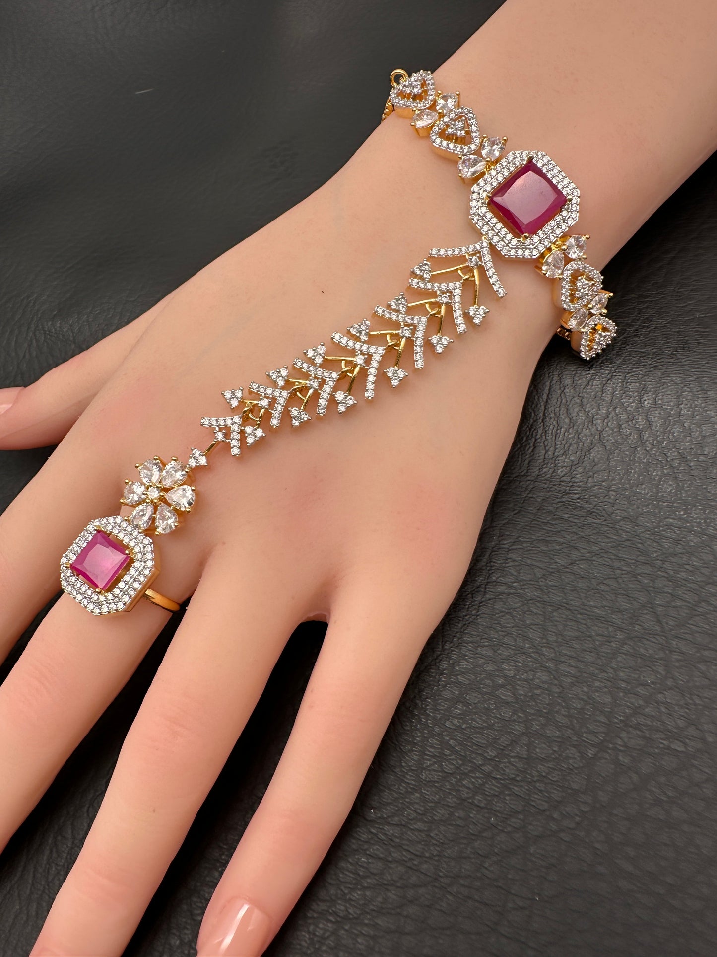 AD Color Stone Haath Phool Panja - Red