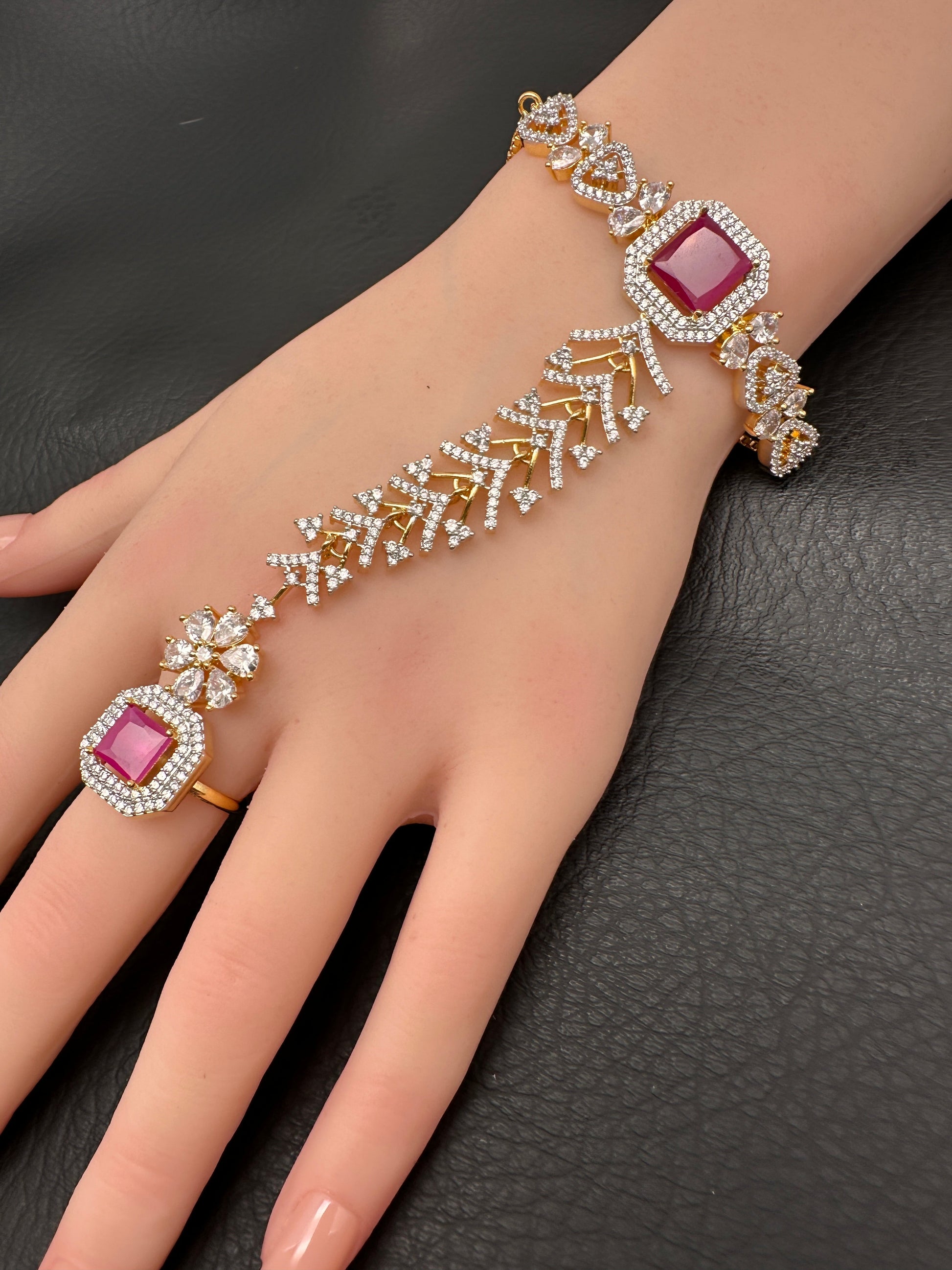 AD Color Stone Haath Phool Panja - Red
