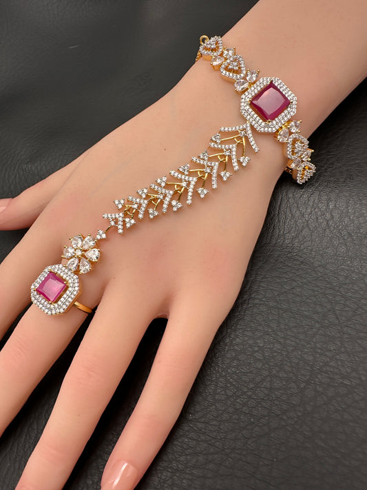AD Color Stone Haath Phool Panja - Red