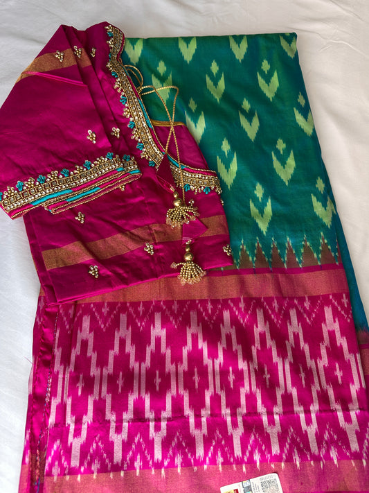 Green and Pink Double Ikkat Pochampally Pure Silk