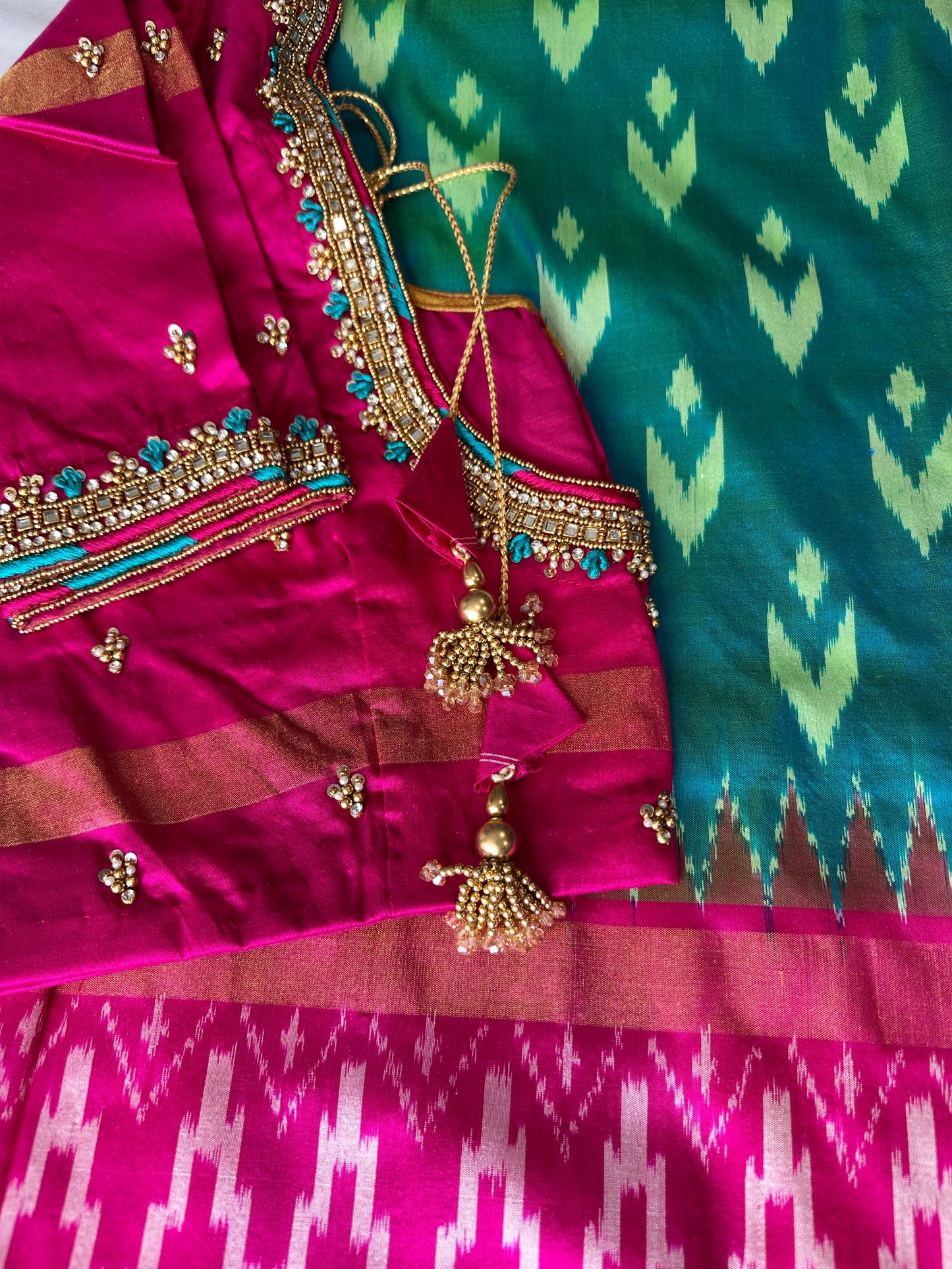 Green and Pink Double Ikkat Pochampally Pure Silk