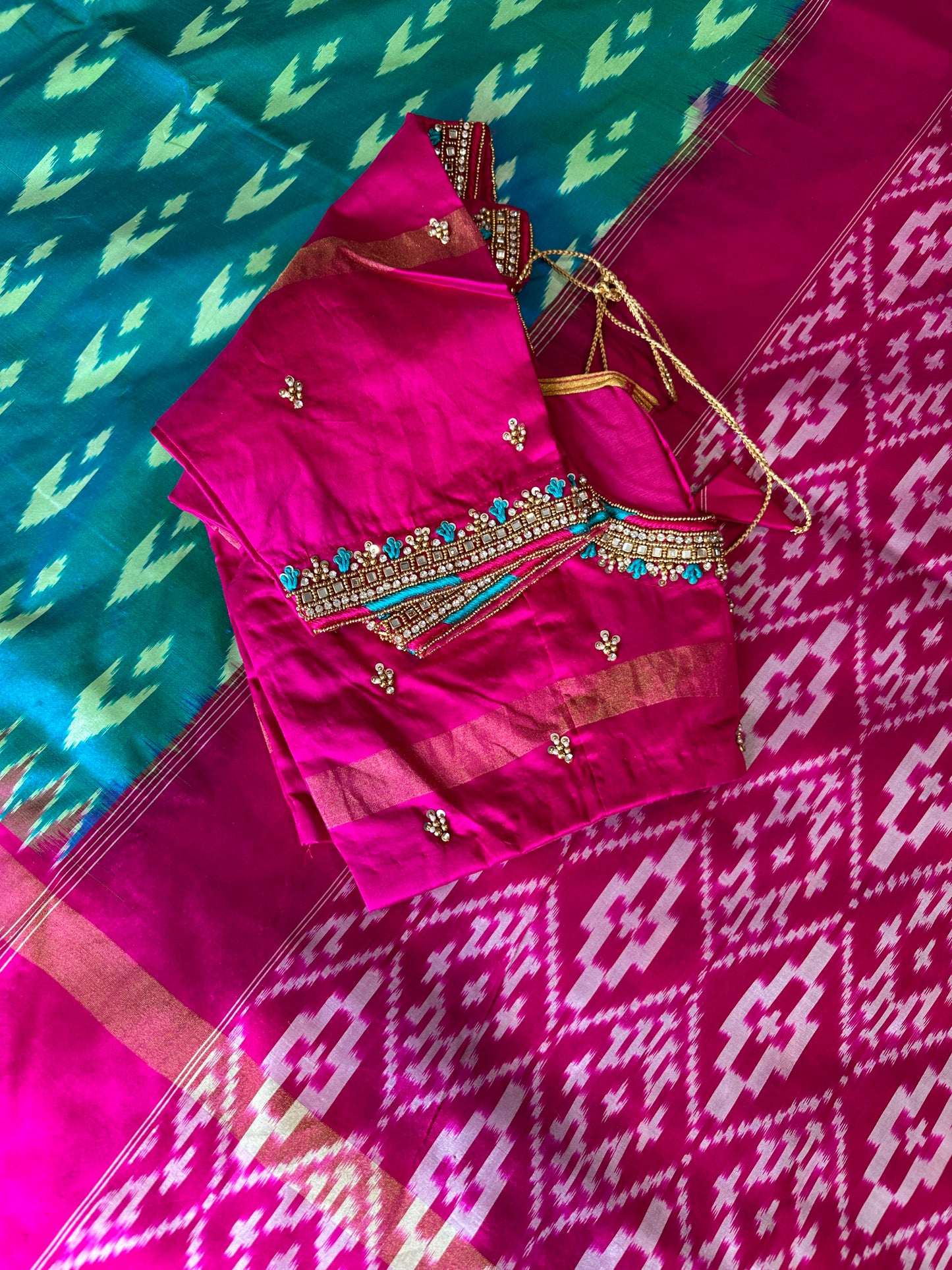 Green and Pink Double Ikkat Pochampally Pure Silk