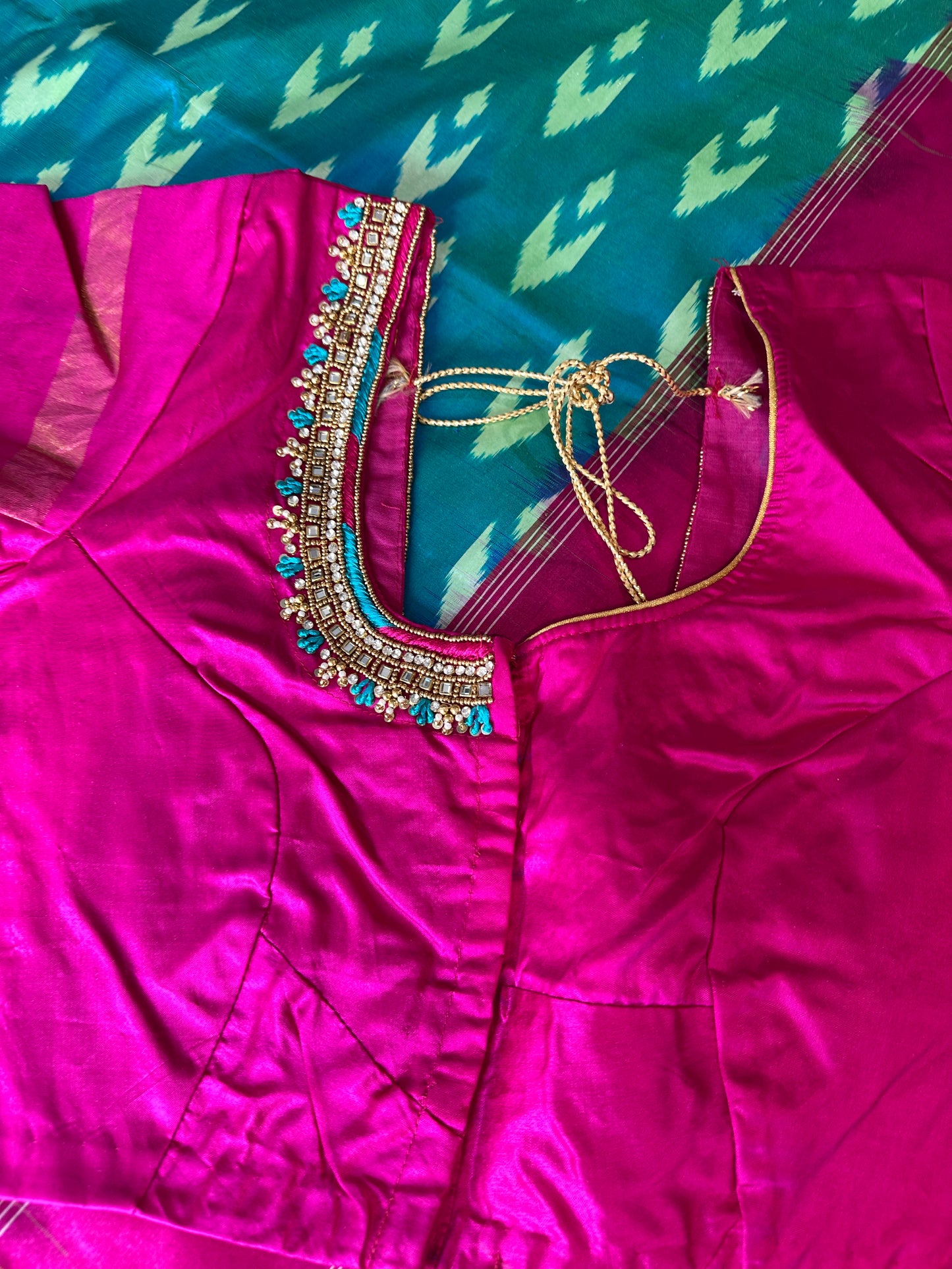 Green and Pink Double Ikkat Pochampally Pure Silk