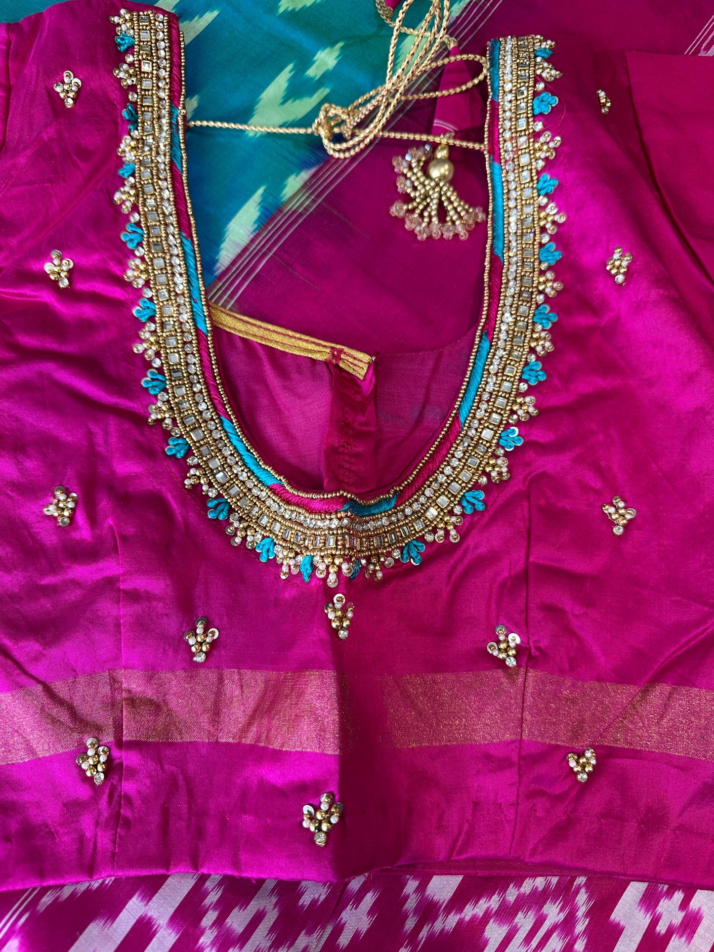 Green and Pink Double Ikkat Pochampally Pure Silk