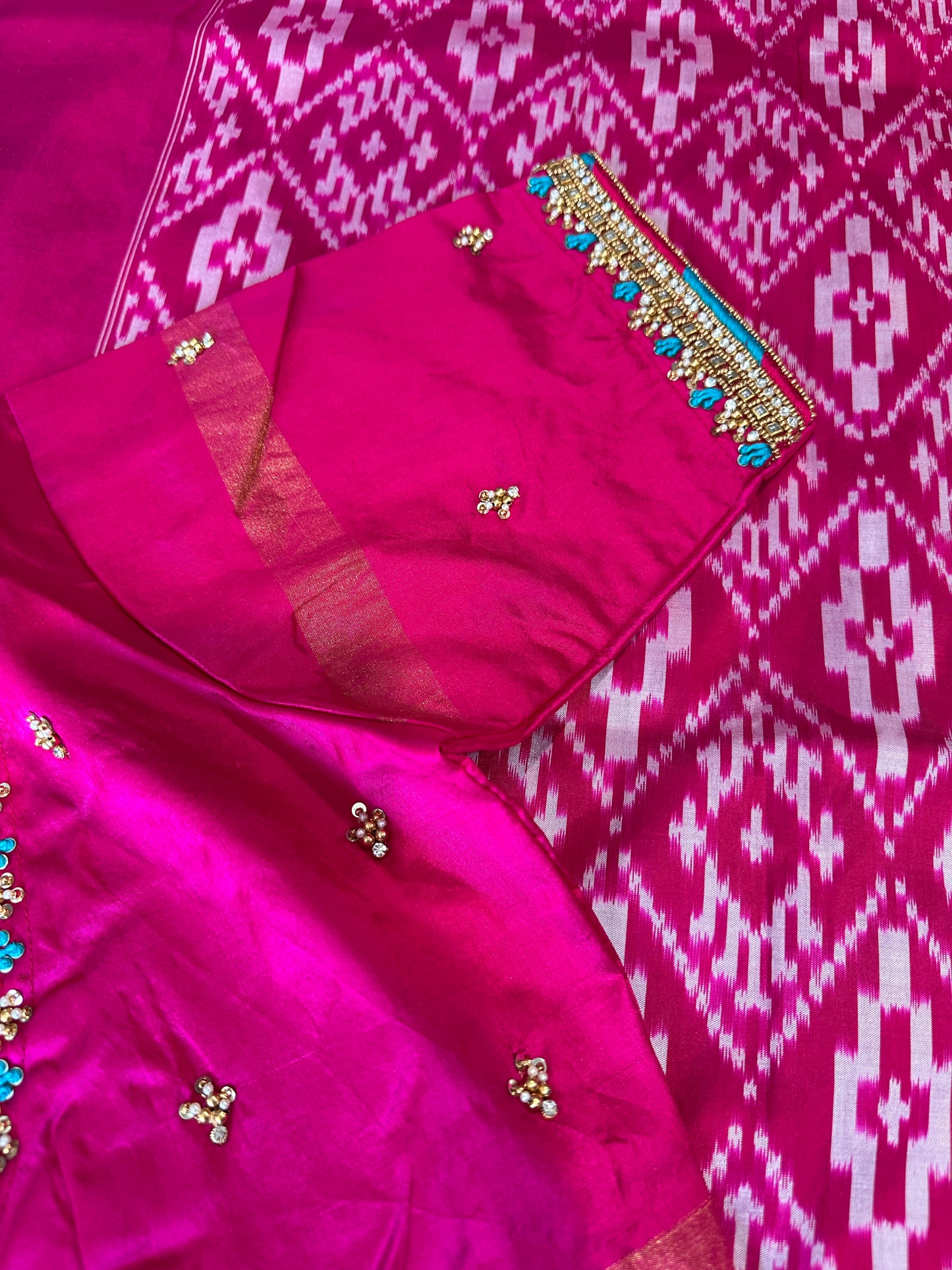 Green and Pink Double Ikkat Pochampally Pure Silk