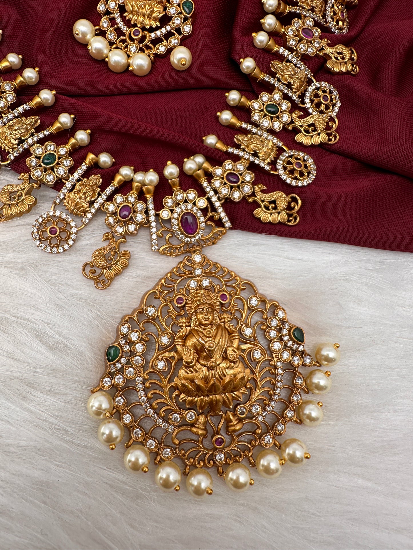Goddess Lakshmi and Peacock Multi Stone Matte Finish Necklace
