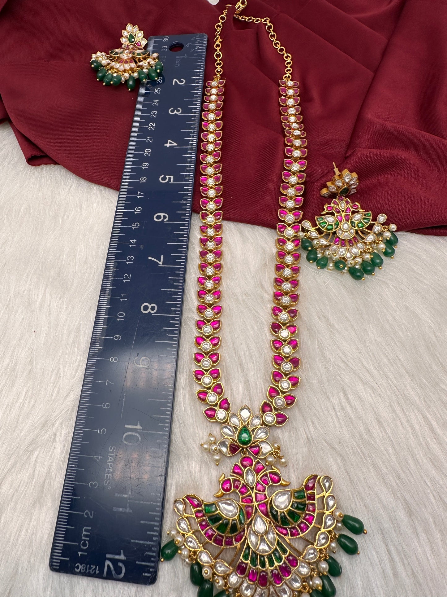 Red Jadau Kundan Leaf Design Long Mala