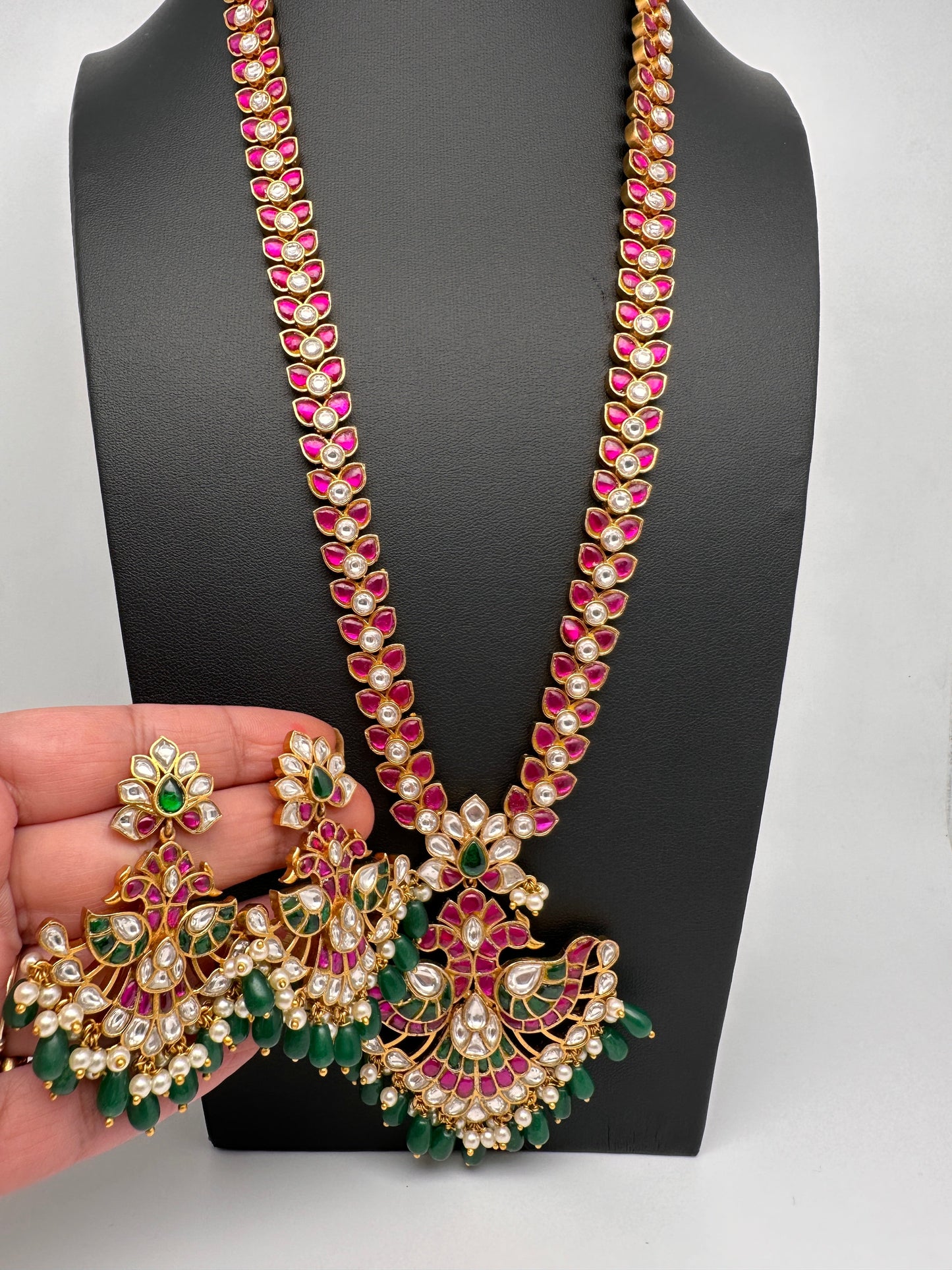 Red Jadau Kundan Leaf Design Long Mala
