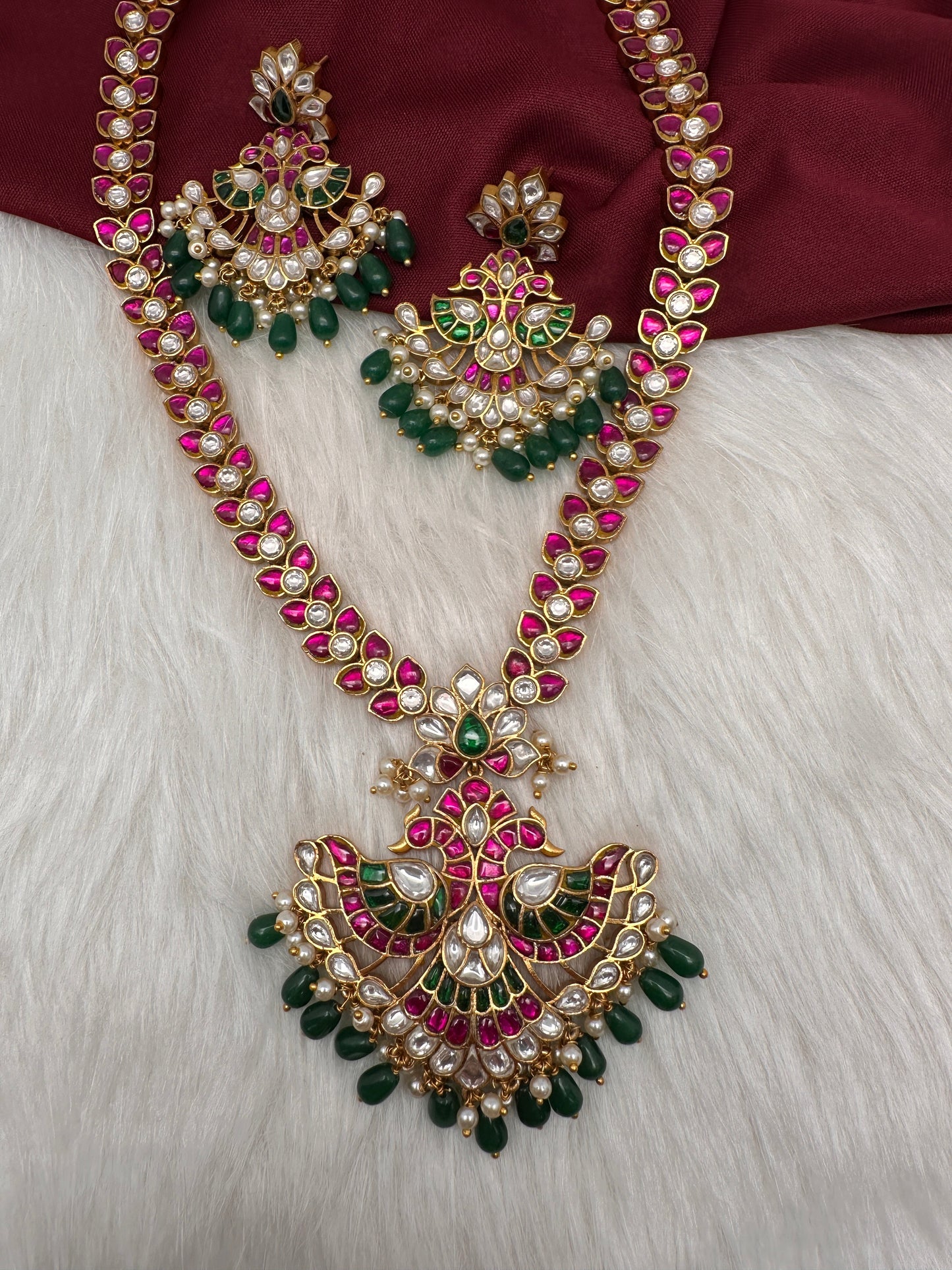 Red Jadau Kundan Leaf Design Long Mala