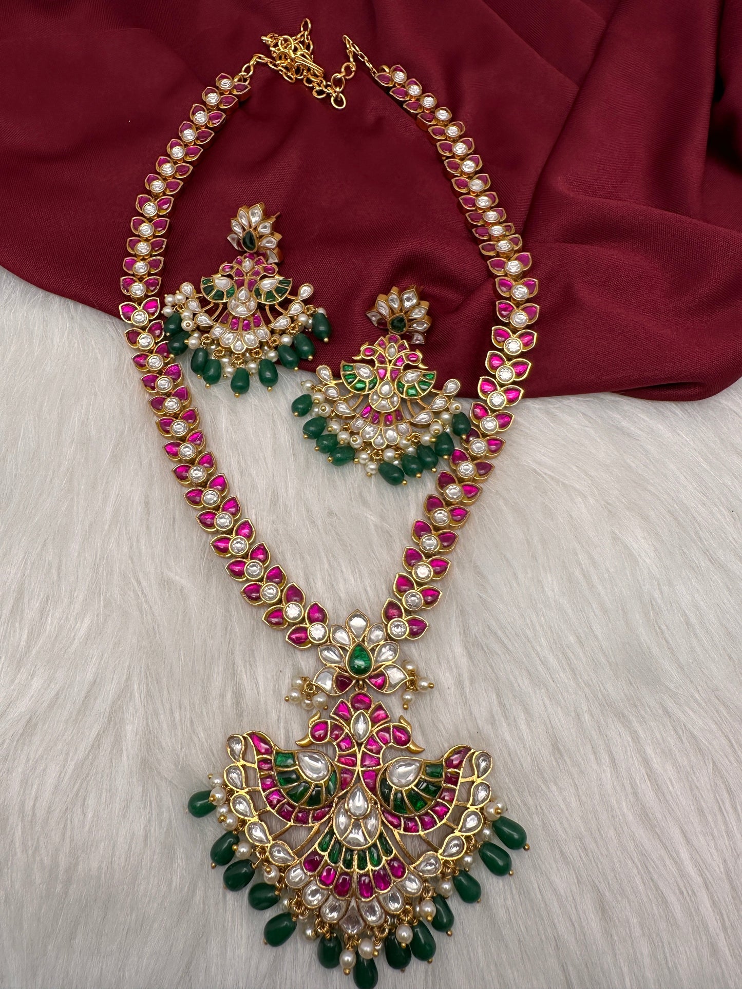 Red Jadau Kundan Leaf Design Long Mala
