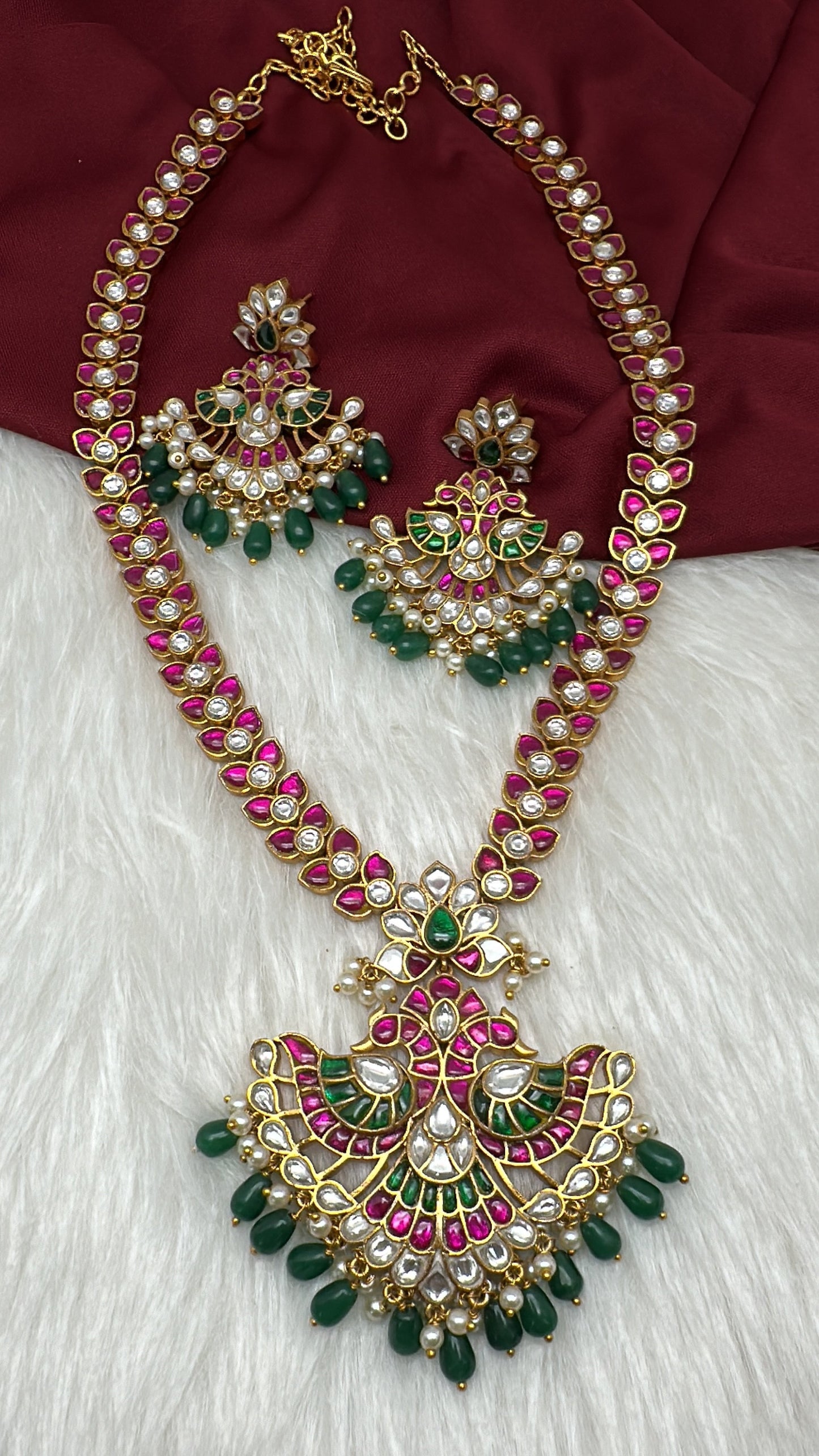 Red Jadau Kundan Leaf Design Long Mala