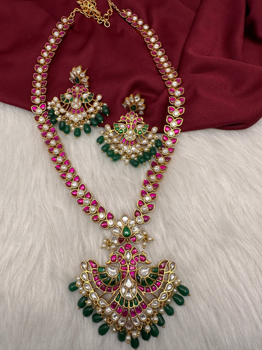 Red Jadau Kundan Leaf Design Long Mala