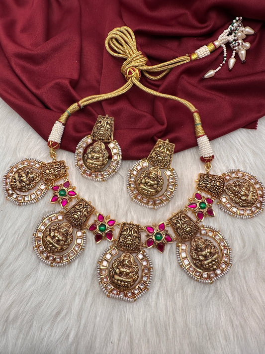 Goddess Lakshmi Nakshi Pink Green Jadau Kundan Neckline Necklace