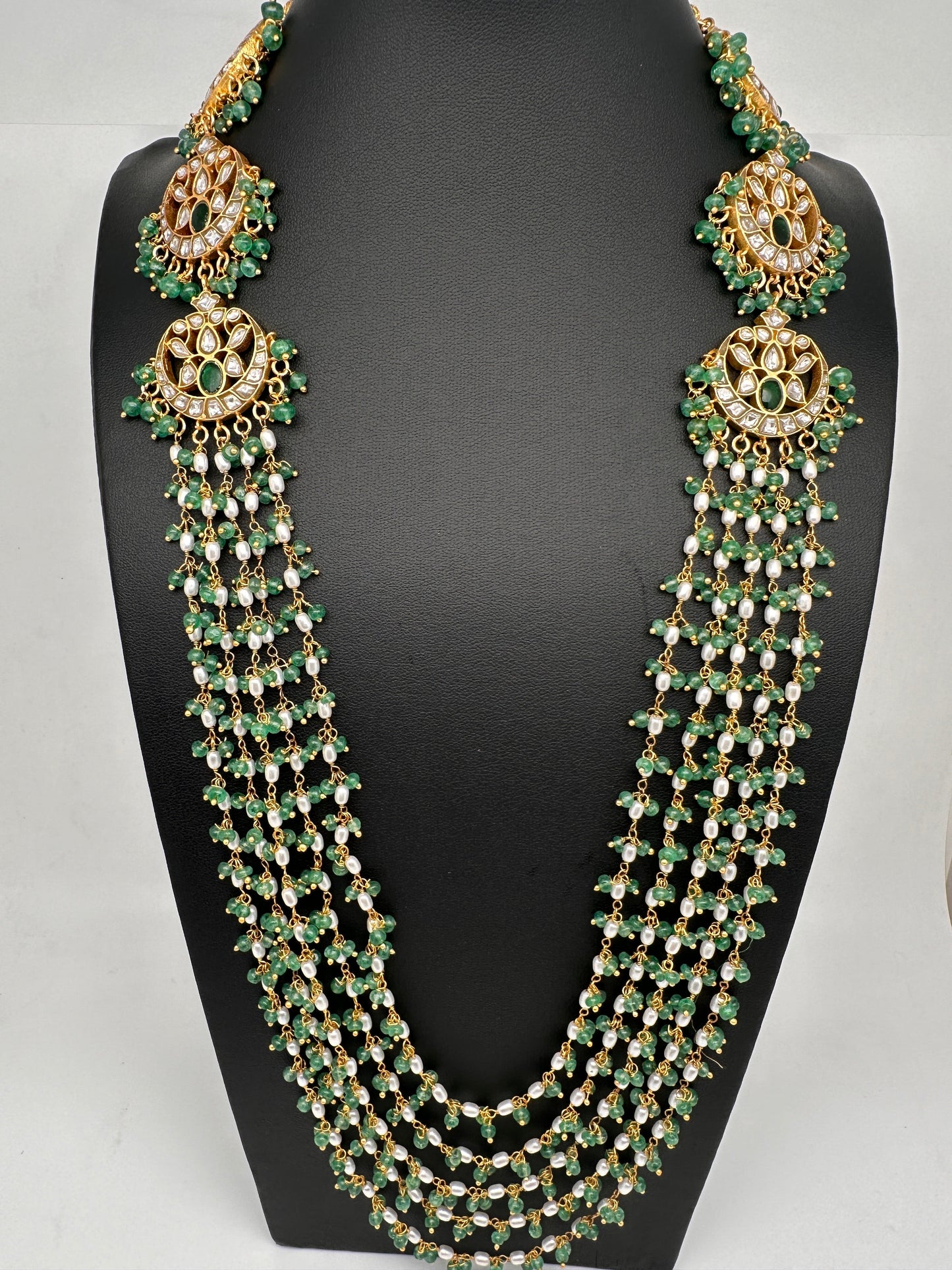 Jadau Kundan Multi Layer Green Beads Rani Haar Necklace