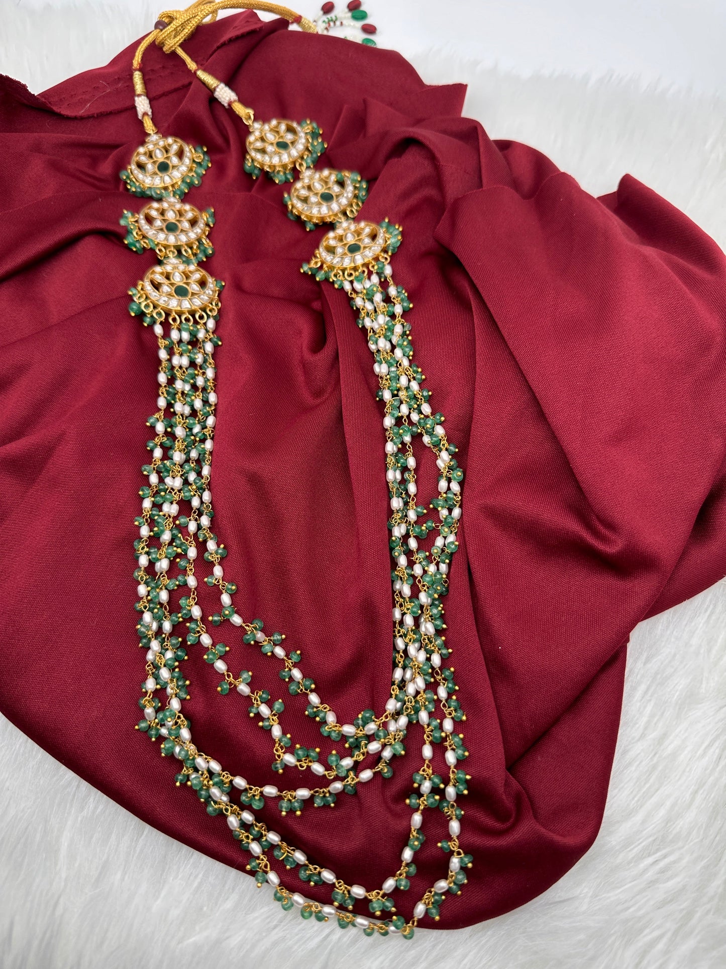 Jadau Kundan Multi Layer Green Beads Rani Haar Necklace