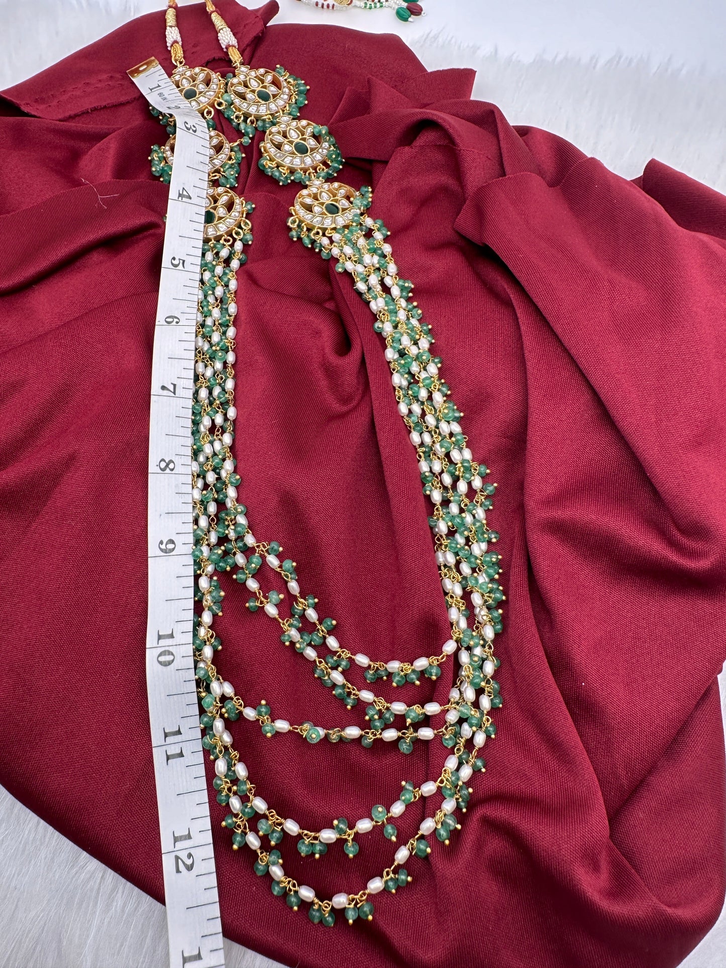 Jadau Kundan Multi Layer Green Beads Rani Haar Necklace