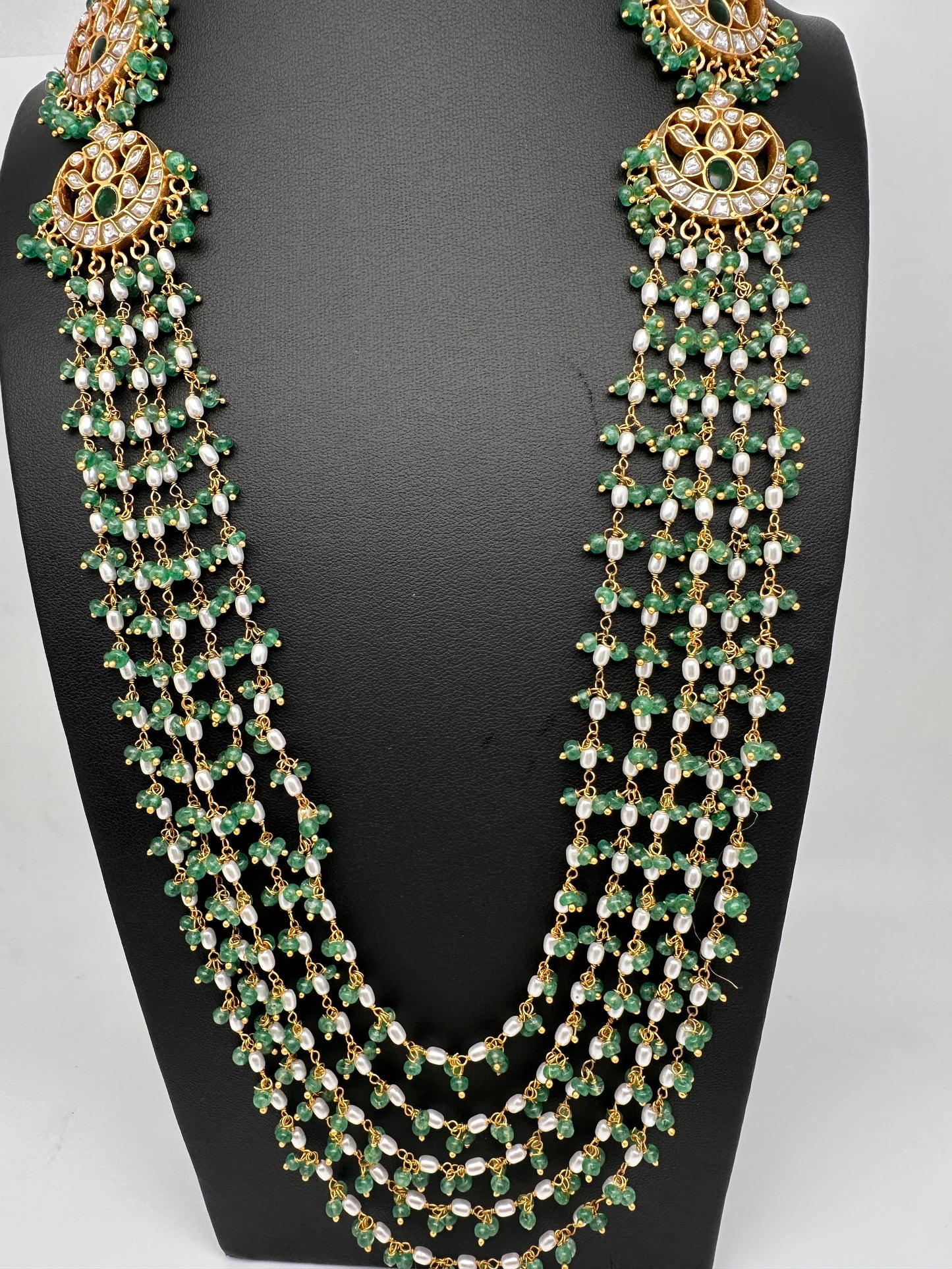 Jadau Kundan Multi Layer Green Beads Rani Haar Necklace