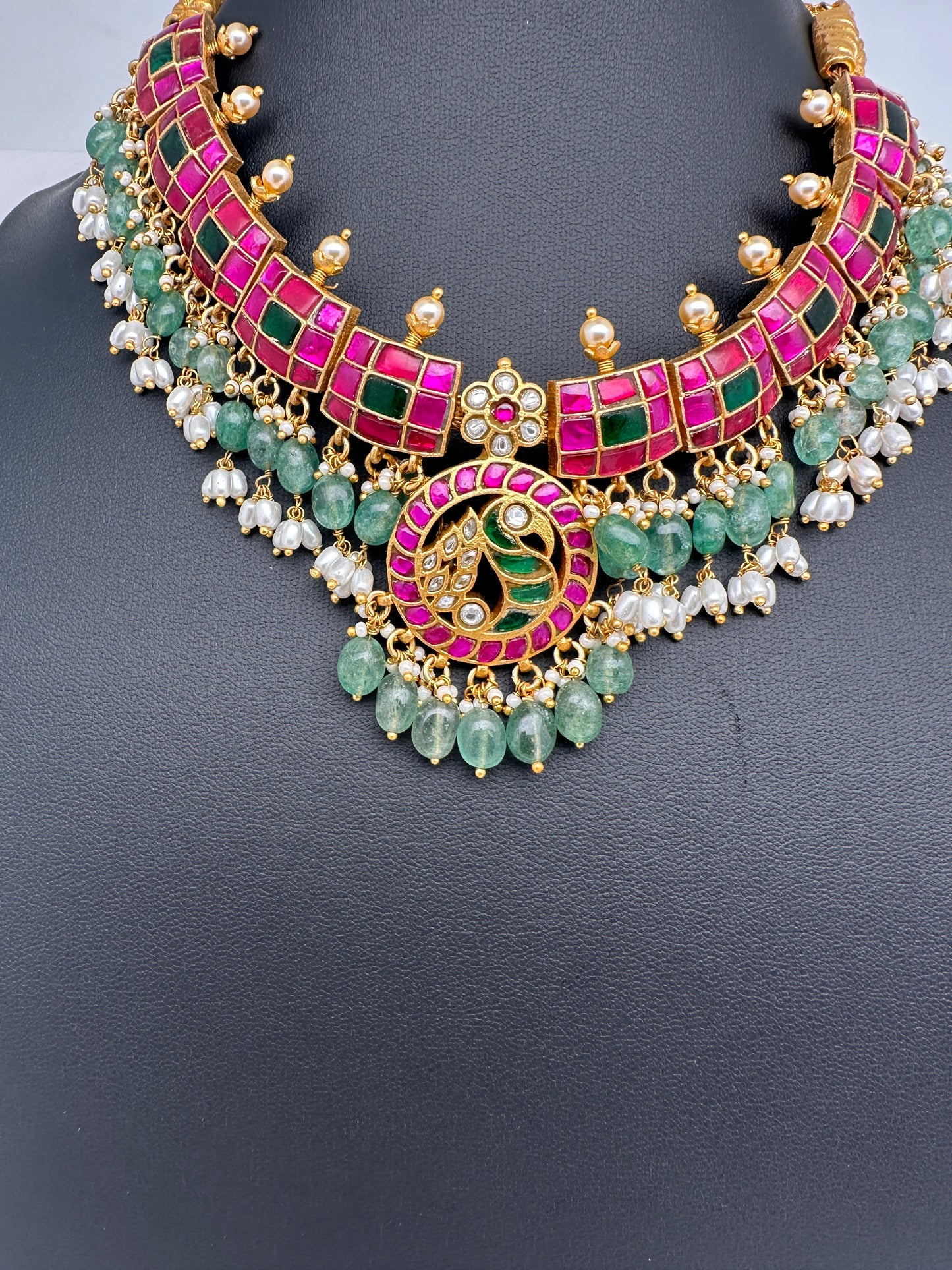 Jadau Kundan Pink Green Neckline Necklace